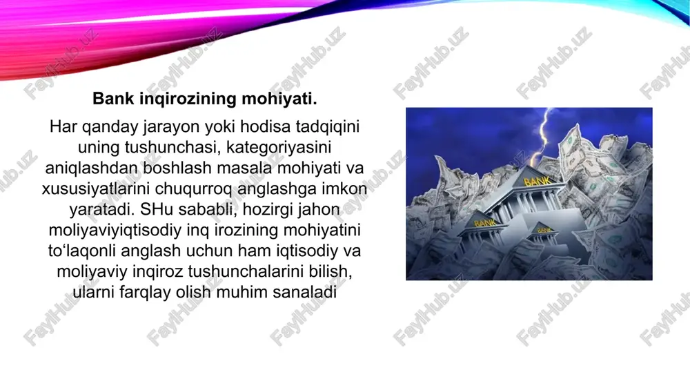 xalqaro va milliy doirada sodir bo‘lsa. ammo qisqa mudsatda «retsessiya» so‘zi ham nozik hissiyotli amerika ommasi uchun birmuncha qo‘poldek tuyuldi. so‘nggi retsessiya 1957-1958 yillarda yuz bergani e’tiborga olinsa, shu paytdan buyon moliyaviy inqiroz ko‘rinishida iqtisodiy pasayish, «orqaga ketish», «chetlashish» kabi tushunchalar foydalanila boshlandi. inqiroz aqshning yirik moliyaviy muassasalari citigroup, bank of america, jp morgan chase, wells fargo va boshqalarni qamrab ola boshladi. bank tizimidagi likvidlilik muammolari, o‘z navbatida, xo‘jalik sub’ektlari va aholining bank tizimiga bulgan ishonchi pasayishiga, kredit risklarining ortishiga va iqtisodiy qiyinchiliklarga sabab buldi. inqiroz banklarning kreditlash sohasidan ishlab chikarish sohasiga ko‘chdi: bozorda taklifning talabdan oshishi kuzatildi va bu holat aqsh avtosanoatidagi yoppasiga ishdan bushatishning kuchayishi bilan yakunlandi. aqshning inqirozga karshi siyosati bozordagi talabni rag‘batlantirish, yirik biznesga yirik banklar va korporatsiyalarga etarlicha ko‘mak berishga yunaltirildi. savollar: bank inqirozi nima va uning asosiy sabablari nimalardan iborat? bank tizimidagi likvidlik muammolari qanday qilib inqirozga olib kelishi mumkin? tarixdagi eng mashhur bank …