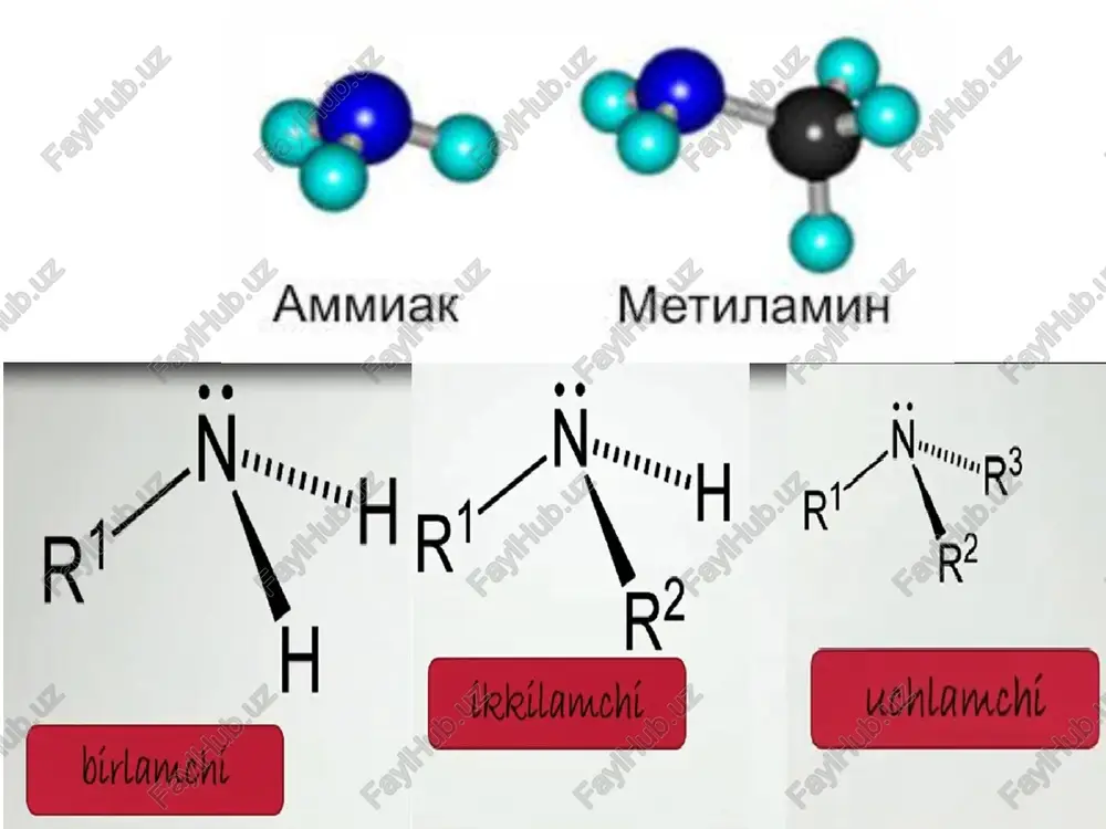 yuvchi ishqorlar ishtirokida) galogen amidlar hosil bo’ladi. 6. birlamchi aminlarga ishqorning spirtdagi eritmasi ishtirokida chcl3 ta'sir ettirilganda izonitril hosil bo’ladi. 7. aminlarga nitrit kislotaning ta'siri. a) birlamchi aminlarga hno2 ta'siridan n2 va spirt hosil bo’ladi: b) ikkilamchi aminlarga hno2 ta'siridan nitrozaminlar hosil bo’ladi.. ishlatilishi metilamin organik sintezda dorivor moddalar, bo'yoqlar va sirtaktiv moddalar olish uchun ishlatiladi. trietilamin organik sintezda boshlang‘ich modda, erituvchi va asos katalizatori sifatida ishlatiladi. etilendiamin analitik reagentlar - kompleksonlar va fungitsidlar sintezida boshlang'ich modda sifatida ishlatiladi. etilendiaminning yuqori yog‘ kislotalari bilan hosil qilgan tuzlari to'qim achilik sanoatida yumshatuvchi vositalar sifatida ishlatiladi. savollar? c h 3 j + n h 3 [ ( c h 3 n h 3 ) ] j n h 3 n h 4 j + c h 3 n h 2 r - c o - n h 2 + 2 n a o h + n a c l o r n …