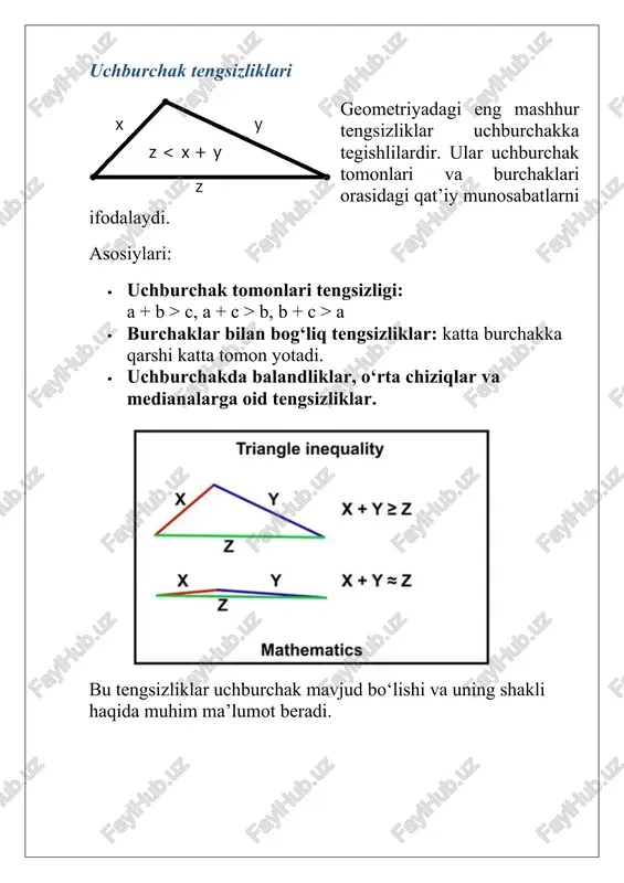 etriyasidagi tengsizliklar analitik geometriya tengsizliklarni koordinatalar orqali ifodalash imkonini beradi. bu tengsizliklar shakllarning chegaralarini belgilash va ularni koordinata tekisligida ifodalashda qo‘l keladi. masalan: · a² + b² ≥ 2ab (am–gm tengsizligiga asoslangan masofaviy taqqoslash) · masofa formulasidan keladigan tengsizliklar: √((x₂ – x₁)² + (y₂ – y₁)²) ≥ |x₂ – x₁| · aylana, ellips, parabola va giperbolalarning umumiy tengsizlik ko‘rinishlari. mashhur umumiy geometrik tengsizliklar bir qator mashhur matematik tengsizliklar geometriyada ham muhim amaliyotga ega: · cauchy–schwartz tengsizligi – vektorlar orasidagi masofalarni baholashda. · am ≥ gm tengsizligi – perimetr va yuzani taqqoslashda qo‘llaniladi. · minkovskiy tengsizligi – fazoviy masofalarni hisoblashda. · ptolemey tengsizligi – to‘rtburchaklarning diagonallari bilan bog‘liq. xulosa sifatida, geometrik tengsizliklar turli shakllar va fazoviy munosabatlarni chuqur tahlil qilishga yordam beradi. har bir tur o‘ziga xos xususiyatlarga ega bo‘lib, geometriyaning katta qismini qamrab oladi. geometrik tengsizliklarning ahamiyati geometrik tengsizliklar matematikaning muhim yo‘nalishlaridan biri bo‘lib, ular geometrik figuralar, masofalar, burchaklar va …