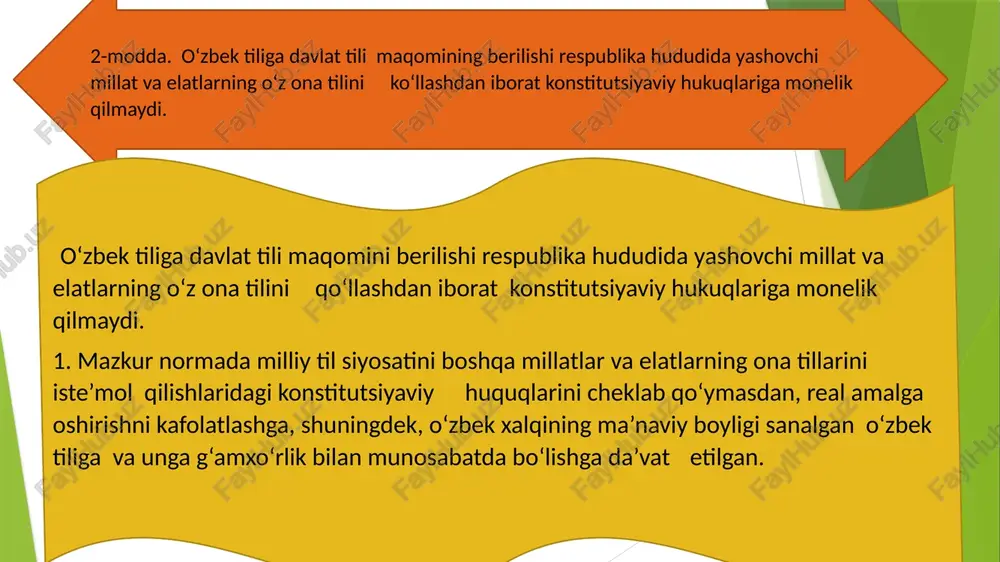 y ma’lumot olishni ta’minlaydi. 1. davlat umumiy o‘rta ma’lumot olishni davlat tilida, shuningdek, rus, qoraqalpoq, tojik, qozoq, qirg‘iz, turkman tilida va respublikada zich yashovchi boshqa millatlarning tillarida olib borilishini ta’minlaydi. o‘zbekistonda rus, qozoq, qirg‘iz, tojik va turkman tillarida ta’lim beradigan 1906 maktab mavjud bo‘lib, ularda 725 ming nafar o‘quvchi bor. \ 7-modda. davlat tili rasmiy amal qiladigan doiralarda o‘zbek adabiy tilining amaldagi ilmiy qoidalari va normalariga rioya etiladi. davlat o‘zbek tilining boyitilishi va takomillashtirilishini ta’minlaydi, shu jumladan unga hamma e’tirof qilgan ilmiy-texnikaviy va ijtimoiy-siyosiy atamalarni joriy etish hisobiga ta’minlaydi. davlat o‘zbek tilining boyitilishi va takomillashtirilishini ta’minlaydi, shu jumladan unga hamma e’tirof qilgan ilmiy-texnikaviy va ijtimoiy-siyosiy atamalarni joriy etish xisobiga ta’minlaydi. yangi ilmiy asoslangan atamalar jamoatchilik muhokamasidan keyin va oliy majlis tegishli ko‘mitasining roziligi bilan o‘zbek tiliga joriy etiladi. 8-modda. o‘zbekiston respublikasining qonunlari, davlat hokimiyati va boshqaruv organlarining boshqa hujjatlari davlat tilida qabul qilinadi va e’lon etiladi. bu hujjatlarning tarjimalari boshqa …