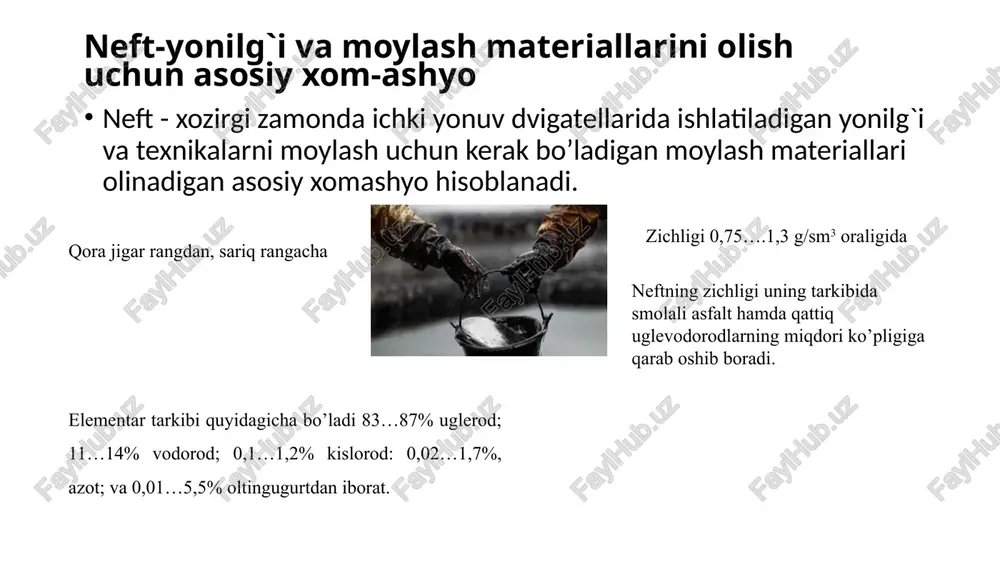 ib keladi. shuning uchun. bularning motor moylari tarkibida bo’lishi zararli hisoblanadi. o’zining tarkibida kislorod bo’lgan organik kislotalar (naftenli kislota) ham bo’lishi mumkin naftenli kislotalar qora metallarga zarar yetkazmaydi, ammo rangli metallar (sink, mis)ga ta’sir ko’rsatib tuz hosil qiladi va karroziyaga olib keladi. smolali-asfalt moddalar murakkab ko’shimcha bo’lib, asosan uglerod, vodorod, kislorod, oltingugurtlarning kushilishidan hosil bo’ladi. smolali-asfalt birikmalari ikkita guruhga:-betaraf, neft smolalari, asfalten, karbon va korbonat, hamda shur neft smolalarga bo’linadi. betaraf smolalar-yarim suyuq okuvchi modda bo’lib, kora-sarik yoki jigar rangda bo’ladi va kuchli ranglovchi xususiyatga ega, zichligi 1,0 g/sm3 ga teng. elementlar tarkibi 80…85% c, 10%h, 5…10%o. empirik formulasi cnh2n-mop, bunada n=16…69, m=8…40 va p=1…3 ga teng. bu smola hamma neft mahsulotlarida tez erib ko’shilib ketadi, ammo spirt va atsetonda erishi kiyin. asfalten-kora rangdagi qattiq modda bo’lib, zichligi 12 g/sm3 dan baland, tarkibida uglerod ko’prok, vodorod kamrok bo’ladi. asfaltenlar 300s dan baland haroratga kizdirilganda parchalanadi. neft va spirtning yengil fraksiyalarida …