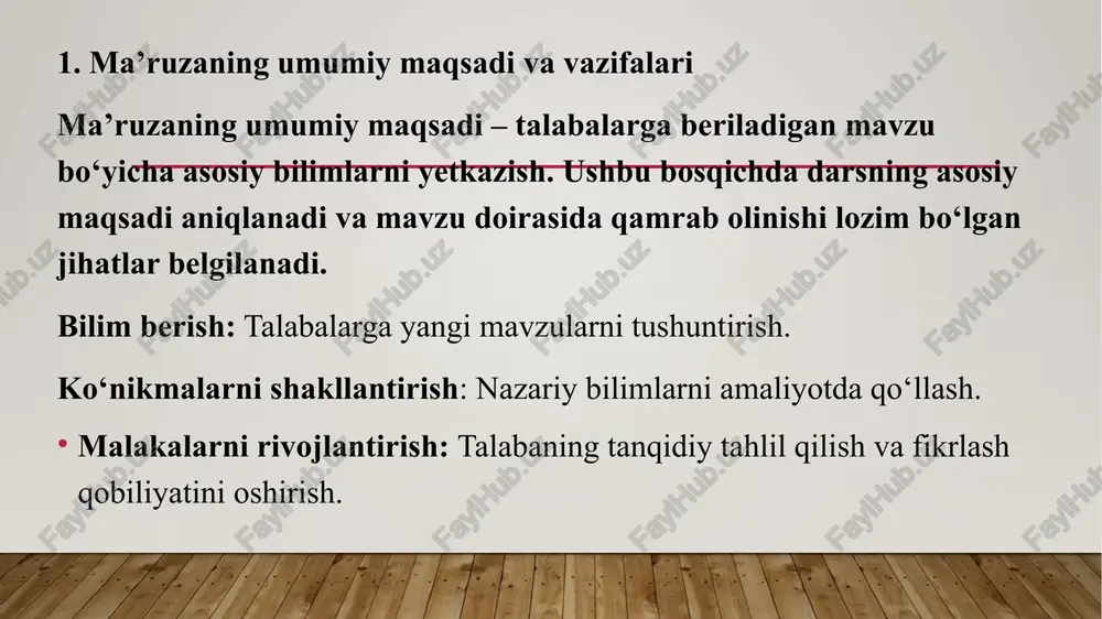 k. quyida rejani shakllantirish uchun ko‘rsatmalar keltiriladi: a) mavzu nomi va ma’ruza vaqti mavzu nomi: har bir dars uchun aniq mavzu belgilanadi. vaqtni rejalashtirish: har bir qism uchun qancha vaqt ajratilishini oldindan belgilang. b) asosiy mavzularni ajratib olish ma’ruzaning asosiy mavzularini oldindan belgilang va ularni kichik bo‘limlarga ajrating.har bir bo‘limda qaysi tushunchalar va misollarni kiritishni aniqlang. c) nazorat savollari talabalar bilimini tekshirish uchun mavzu bo‘yicha savollarni tayyorlang. ma’ruzadan keyin talabalar o‘zlashtirgan bilimlarni baholash uchun test yoki yozma topshiriqlar tayyorlash mumkin. 5. talabalarning faoliyatini nazorat qilish ma’ruzadan keyin talabalar bilimini aniqlash uchun turli nazorat usullari qo‘llaniladi: og‘zaki savollar: ma’ruza davomida yoki oxirida mavzuni tushunganliklarini baholash. yozma ishlanmalar: ma’ruzaning asosiy qismidan kelib chiqqan savollarga yozma javoblar olish. testlar: mavzuga oid qisqa testlar orqali bilimlarni tekshirish. 6. talabalar uchun o‘quv materiallari va tavsiya etilgan manbalar talabalar mustaqil ravishda o‘qib chiqishi uchun qo‘shimcha manbalarni tavsiya qilish: darsliklar: mavzuga tegishli darsliklar va qo‘llanmalar. ilmiy maqolalar: …