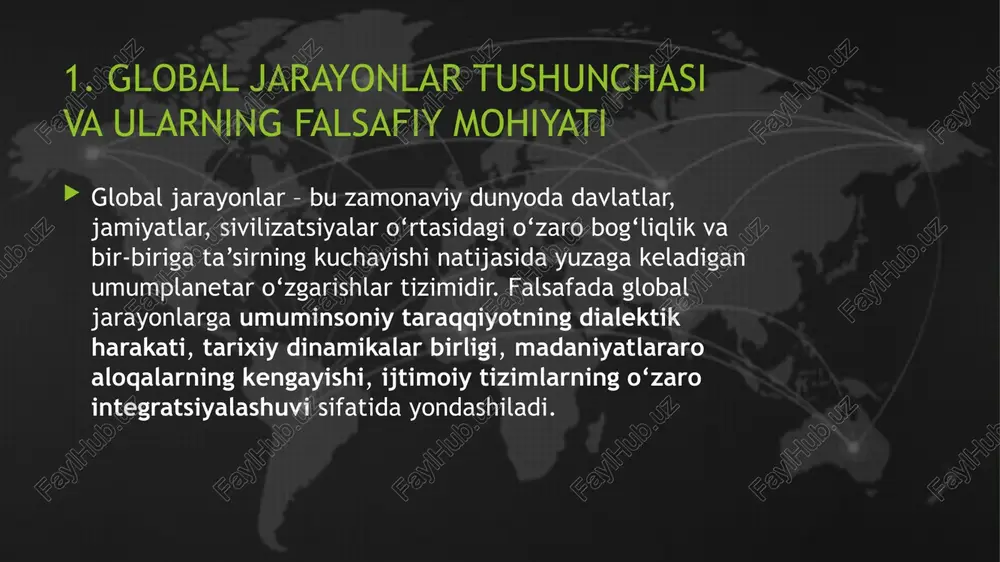 imlar, musiqaning tez aralashishi “global madaniyat” konsepsiyasining shakllanishi identitet inqirozi milliy qadriyatlarning zaiflashuvi 3.3. siyosiy oqibatlar davlatlararo ittifoqlar kuchayadi global xavfsizlik tizimlari rivojlanadi mintaqaviy integratsiyalar (yi, shht, asean) ammo shu bilan birga: geosiyosiy to‘qnashuvlar kuchayadi gibrid urushlar xavfi axborot urushlari 3.4. ekologik oqibatlar iqlim o‘zgarishi yer resurslarining kamayishi atmosfera va okean ifloslanishi energiya muammosi 4. global muammolar dialektikasi: ziddiyatlar, imkoniyatlar va istiqbollar global muammolar — butun insoniyatning hayoti, xavfsizligi va kelajagiga taalluqli umumplanetar muammolar yig‘indisidir. asosiy global muammolar: ekologik inqiroz energetika tanqisligi demografik inqiroz terrorizm va global xavfsizlik axborot xavfsizligi suv resurslari yetishmovchiligi pandemiyalar (covid-19 tajribasi) dialektik xususiyatlar har bir global muammo qo‘shaloq xarakterga ega: inqiroz ↔ yangi texnologiyalar rivoji tahdid ↔ hamkorlik va integratsiya zarurati ziddiyat ↔ yangi sivilizatsion imkoniyatlar masalan: iqlim inqirozi — yashil texnologiyalarni rivojlantirishga olib kelmoqda. pandemiya — global sog‘liqni saqlash tizimini birlashtirdi. kelajak istiqbollari barqaror rivojlanish konsepsiyasi (sustainable development goals) yashil iqtisodiyot sun’iy intellekt boshqaruvi …