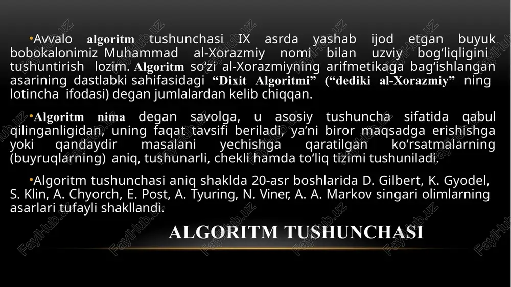 ossa. diskretlilik, ya’ni algoritmni chekli sondagi oddiy koʻrsatmalar ketma- ketligi shaklida ifodalash mumkin. xossa. tushunarlilik, ya’ni ijrochiga tavsiya etilayotgan koʻrsatmalar uning uchun tushunarli boʻlishi shart, aks holda ijrochi oddiy amalni ham bajara olmay qolishi mumkin. har bir ijrochining bajara olishi mumkin boʻlgan koʻrsatmalar tizimi mavjud. xossa. aniqlik, ya’ni ijrochiga berilayotgan koʻrsatmalar aniq mazmunda boʻlishi lozim hamda faqat algoritmda koʻrsatilgan tartibda bajarilishi shart. algoritmning asosiy xossalari xossa. ommaviylik, ya’ni har bir algoritm mazmuniga koʻra bir turdagi masalalarning barchasi uchun yaroqli boʻlishi lozim. masalan, ikki oddiy kasr umumiy maxrajini topish algoritmi har qanday kasrlar umumiy maxrajini topish uchun ishlatiladi. xossa. natijaviylik, ya’ni har bir algoritm chekli sondagi qadamlardan soʻng albatta natija berishi lozim. bu xossalar mohiyatini oʻrganish va konkret algoritmlar uchun qarab chiqish talabalarning xossalar mazmunini bilib olishlariga yordam beradi. algoritmning asosiy xossalari ma’lumotlar strukturasi (ing. data structure) - bu hisoblashda turli xil bir tipli va (yoki) mantiqiy bogʻliq ma’lumotlarni saqlash va …