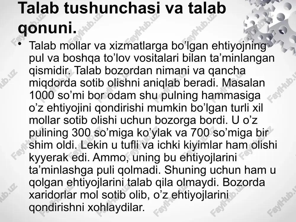 lik samarasi yuzaga keladi. daromad (byudjeti) samarasi va o’rindoshlik samarasi kabi tushunchalarning mavjudligi iste’molchilarni mollarni arzon baholarda ko’proq sotib olishga undaydi. ammo sotib olinadigan mollar miqdoriga, ya’ni talab hajmiga, baho bilan bog’liq bo’lmagan boshqa omillar ham mavjuddir. bunday omillar bo’lib, iste’molchilarning didlari va ularning o’zgarib turishi, xaridor soni, iste’molchilarning daromadlari, kelajakda baholar va daromadlarning o’zgarishi, o’rindosh mollarning ko’payishi kabilar hisoblanadi. umuman, talabni bahoning o’zgarishiga qo’arab o’zgarib turishini egiluvchanlik deb ataluvchi tushuncha yordamida bilish osonroqdir. egiluvchanlik – bir o’zgaruvchi miqdor (talab)ning bosh o’zgaruvchi miqdor (baho) o’zgarishiga javoban o’zgarishidir. bunday o’zgarishning o’lchovi bo’lib talabni egiluvchanligi koeffitsenti xizmat qiladi. bahosi har qancha o’zgargan holda, u mol miqdoriga bo’lgan talabning o’zgarmay doimiy qolishini grafik usul tasvirlasak, bunda talab egri chizig’i tik bo’ladi va talab bahosiga nisbatan mutlaqo noegiluvchandir. agar mollarga bo’lgan talab baho o’zgarishiga bog’liq bo’lmasa, u holda talab egri chizig’i yotiq chiziqdan iborat bo’lib, talab mutlaqo egiluvchan bo’ladi. taklif tushunchasi va taklif qonuni …