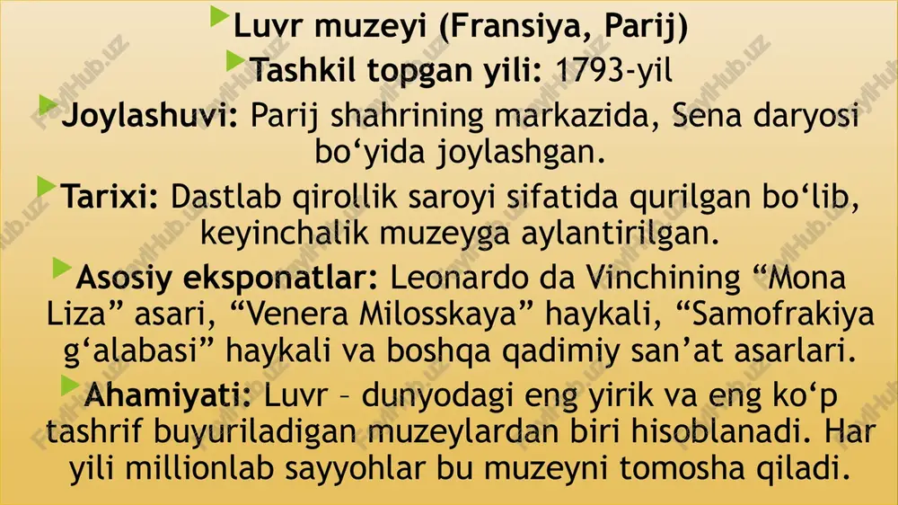natlar soni: 3 milliondan ortiq. har yili tashrif buyuruvchilar soni: 4–5 million kishi atrofida. tarixiy ma’lumot ermitaj muzeyi 1764-yilda rossiya imperatori yekaterina ii tomonidan tashkil etilgan. u dastlab germaniyadan 225 ta san’at asarini sotib olib, ularni o‘zining saroyidagi kichik xonaga joylashtirgan — shu sababli bu joy “ermitaj” (fransuzcha hermitage – “yolg‘izlik joyi”) deb atalgan. keyinchalik bu to‘plam tez sur’atlarda kengayib, butun dunyo san’at durdonalarini o‘z ichiga ola boshlagan. 1852-yilda muzey rasman jamoatchilik uchun ochilgan. bugungi kunda u dunyoning eng yirik va eng qadimiy muzeylaridan biri sifatida tan olingan. ermitaj muzeyining binolari ermitaj majmuasi quyidagi binolardan iborat: qishki saroy – asosiy bino (barokko uslubida qurilgan). kichik ermitaj katta ermitaj yangi ermitaj ermitaj teatri ularning barchasi sankt-peterburg markazida, neva daryosi bo‘yida joylashgan va bir-biri bilan yo‘laklar orqali bog‘langan. asosiy bo‘limlar ermitaj muzeyi o‘zida turli davr va xalqlarga oid san’at namunalarini jamlagan: qadimgi dunyo san’ati (misr, yunon, rim, mesopotamiya) o‘rta asrlar va uyg‘onish …