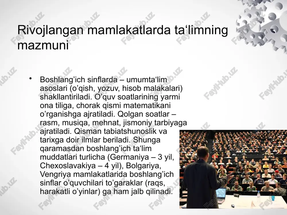 vohnoma beriladi. topshirilgan imtihonlar oliy o’quv yurtiga kirish imtihonlari vazifasini ham bajaradi. kasb-hunar o’rta maktabi – 4 yillik kasbiy ta‘lim bo’lib, xalq xo’jaligining 11 yo’nalishi uchun malakali mutaxassislar tayyorlab beradi. uni tugatganlarga ham oliy maktabga kirish huquqini beruvchi yetuklik attestati beriladi. hunar-texnika bilim yurtlari – 3 yillik kasbiy ta‘lim bo’lib, xalq xo’jaligining 186 yo’nalishi uchun malakali ishchilar tayyorlaydi. uni tugatganlarga yetuklik attestati beriladi. gimnaziya va kasb-hunar maktablarining kechki va sirtqi bo’limlari ham mavjud bo’lib, hamma uchun ochiqdir. oliy o’quv yurtlari – 18 universitet, 32 institut va yana bir necha oliy maktablarni o’z ichiga oladi. boshlang’ich sinf o’qituvchilari – pedagogika bilim yurtlarida, o’rta maktab o’qituvchilari esa pedagogika institutlari va universitetlarda bayyorlanadi. shuningdek, aspirantura, doktorantura, kon‘yunktura, fanlar akademiyasi, malaka oshirish va qayta tayyorlash muassasalari faoliyat ko’rsatmoqda. ularda hozir masofaviy ta‘lim, pedagogik texnologiyadan keng miqyosda foydalaniladi. germaniya xalq ta‘limi germaniyada xalq ta‘limida 90 yillarda chuqur o’zgarishlar yuz berdi. 68 mln. aholiga ega bo’lgan …