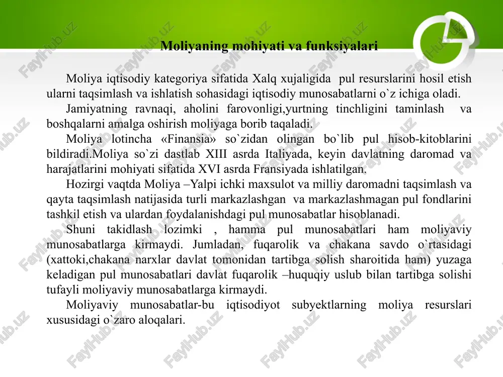 di. - yaratilgan yalpi ichki maxsulot dastlab korxonada,uni yaratishda ishtirok etgan xodimlarga, davlat budjetiga (soliq shaklida). -davlat moliyasi orqali har xil fondlarni shakllantirishga. - korxona va boshqalar o`z daromadlarining ma`lum qismini nodavlat va jamoa tashkilotlariga, ular tomonidan turli xayriya fondlarini tashkil etishga. - xayriya fondlaridan kam ta`minlangan oilalarni ijtimoiy ximoya etishga. - xonadonlar moliyasida –yaratilgan daromadni iste`mol va jamg`arma extiyojlariga taqsimlanishi. 2. nazorat funksiyasi – bu funksiya taqsimlash funksiyasi bilan o`zviy bog`lik bo`lib, u moliya munosabatlarining turli tarkibi orasida pul fondlarining shakllanishi va ishlatilishini nazorat qiladi. ushbu funksiyaning bosh maqsadi ijtimoiy ishlab chiqarishni samaradorligini oshirish ,xalq xujaligining barcha bug`inlari ishini yakunlash maqsadida markazlashgan va markazlashmagan pul fondlarini to`g`ri tashkil etilishi va ulardan maqsadga muvofiq foydalanishni taminlashdan iborat. moliyaviy nazorat umudavlat, ichki xo`jalik ,jamoa va mustaqil nazoratlarga bo`linadi. umumdavlat nazorati oliy majlis, moliya vazirligi, soliq ,kredit muassalari davlat qumitalari, vazirliklar, maxalliy boshqaruv organlari tomonidan amalga oshirilib unda pul mablag`larini shakllanishi va …