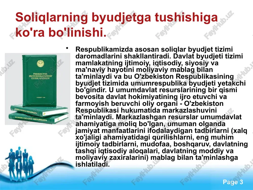 6 4,7 4,3 3,1 6,7 7,8 free powerpoint templates page soliqlar davlat byudjetini to`ldirishdan tashqari mamlakatdagi ijtimoiy-iqtisodiy jarayonlarni tartibga solishda ham muhim rol o`ynaydi. qadim zamonlarda ham ijtimoiy-iqtisodiy munosabatlar va jarayonlarni tartibga solishda soliqlardan foydalanib kelingan, hatto davlatchilikning shakllanishida ham soliqlar ma’lum rol o`ynagan. chunki davlatchilikning shakllanishi mukammal, barqaror bo`lmagan ijtimoiy-iqtisodiy munosabatlarga tayangan. shuning uchun davlat paydo bo`lishining dastlabki bosqichlarida moliyaviy va iqtisodiy munosabatlarni jonlantirishda davlat hukmdorlari har xil soliq to`lovlaridan foydalanib, o`z oldilariga turgan muammolarni yechishga harakat qilishgan. free powerpoint templates page umumdavlat soliqlari har yili qonuniy tartibda belgilanadigan normativlar bo'yicha tegishli byudjetlar o'rtasida taqsimlanadi. o'zbekiston respublikasi soliq kodeksining 7 moddasiga muvofiq mahalliy soliqlar va yigimlarga quyidagilar kiradi: 1) mol-mulk soligi; 2) yer soligi; 3) infratuzilmani rivojlantirish soligi; 4) jismoniy shaxslardan transport vositalariga benzin, dizel yoqilgisi va gaz ishlatganlik uchun olinadigan soliq; 5) savdo-sotiq qilish huquqi uchun yigim, shu jumladan ayrim turlardagi tovarlarni sotish huquqini beruvchi litsenziya yigimlari; 6) …