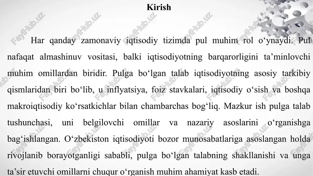 inflyatsiya darajasi – pulning sotib olish qobiliyatiga bevosita ta’sir qiladi, inflyatsiya oshgan sari iqtisodiy agentlar ko‘proq pul talab qilishi mumkin. foiz stavkalari – agar foiz stavkalari yuqori bo‘lsa, iqtisodiy agentlar pul mablag‘larini jamg‘arishga harakat qiladi va pulga talab kamayadi. moliyaviy tizimning rivojlanish darajasi – bank tizimi rivojlangan mamlakatlarda pulga bo‘lgan talab nisbatan barqaror bo‘ladi. aholi daromadlari va iste’mol darajasi – daromadlar oshishi bilan aholining tovar va xizmatlarga bo‘lgan talabi ham ortadi, bu esa pulga talabning o‘sishiga olib keladi. pulga talabni shakllantiruvchi omillar iqtisodiyotdagi umumiy moliyaviy holat, narxlar darajasi, foiz stavkalari va iqtisodiy barqarorlik bilan bog‘liq. bu omillar pul mablag‘lariga ehtiyojni belgilaydi va iqtisodiy faoliyatga ta’sir ko‘rsatadi. pulga bo‘lgan talabni boshqarish markaziy bank va hukumat tomonidan amalga oshiriladi. ular pul-kredit siyosati va fiskal choralar orqali pul massasi, foiz stavkalari hamda inflyatsiyani nazorat qilib boradilar. shu sababli, pulga talabning iqtisodiy mohiyatini chuqur o‘rganish iqtisodiy barqarorlikni ta’minlash uchun muhim ahamiyatga ega. xulosa pulga …