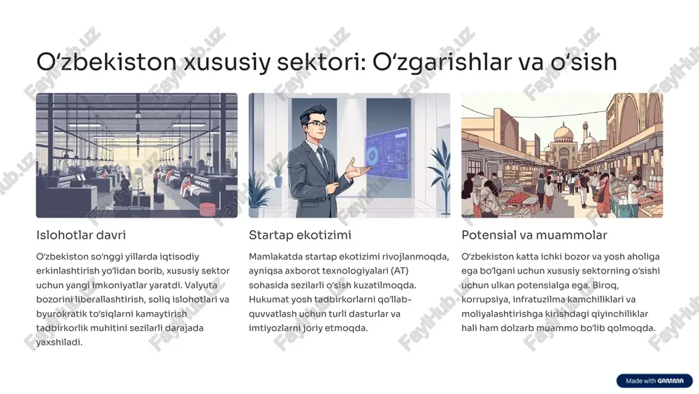 tsiya salohiyati esa katta ichki bozor, arzon ishchi kuchi va tezkor iqtisodiy oʻsish istiqbollari bilan bogʻliq. ikkala davlat ham xorijiy investorlarni jalb qilish uchun maxsus iqtisodiy zonalar va soliq imtiyozlarini taklif etadi. 6 asosiy sanoat tarmoqlari: farqlar va o'xshashliklar qozogʻiston: neft va gaz qozogʻiston iqtisodiyotining asosi neft va gaz sanoatidir. bu sektor mamlakat yaimning katta qismini tashkil etadi va eksport daromadlarining asosiy manbai hisoblanadi. neft-kimyo va gazni qayta ishlash ham muhim oʻrin tutadi. oʻzbekiston: toʻqimachilik oʻzbekiston uzoq vaqtdan buyon paxta yetishtirishda jahon liderlaridan biri boʻlib kelgan. hozirda mamlakat toʻqimachilik sanoatini rivojlantirishga va tayyor mahsulot ishlab chiqarishga katta eʼtibor qaratmoqda. bu xususiy sektor uchun muhim imkoniyatlar yaratadi. umumiy: qishloq xoʻjaligi ikkala mamlakatda ham qishloq xoʻjaligi iqtisodiyotning muhim tarkibiy qismi hisoblanadi. qozogʻiston don va goʻsht yetishtirishda, oʻzbekiston esa meva-sabzavot mahsulotlari yetishtirishda yetakchi. xususiy fermer xoʻjaliklari har ikki davlatda ham rivojlanmoqda. oʻxshashlik: at va innovatsiyalar ikkala davlat ham iqtisodiyotni diversifikatsiya qilish va raqamlashtirishga …