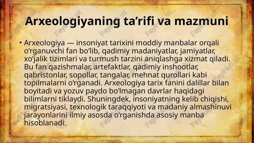skeletlarini o‘rganadi; geologiya yer qatlamlarini tahlil qiladi; geografiya topografik xaritalar tuzadi; kimyo topilmalar tarkibini tekshiradi; paleozoologiya hayvon suyaklarini o‘rganadi; paleobotanika qadimgi o‘simlik qoldiqlarini tahlil qiladi. bularning hammasi arxeologik tadqiqotlarning ilmiy ishonchliligini oshiradi. o‘zbekiston arxeologik maktabining shakllanishi o‘zbekiston arxeologiyasi mustaqil ilmiy maktab sifatida xx asrda shakllandi. qadimgi xorazm ekspeditsiyasi, jarqo‘ton, afrosiyob, erqo‘rg‘on, qo‘yqirilgan qal’a kabi yodgorliklar o‘rganildi. arxeolog olimlarimiz amir temur davri, qadimgi turkiy madaniyat, sug‘d va baqtriya sivilizatsiyalarining o‘rganilishiga katta hissa qo‘shdilar. o‘zbekiston hududi tarixiy sivilizatsiyalarning chorrahasi bo‘lgani uchun arxeologik manbalarga boy. qadimgi shaharlar arxeologiyasi qabristonlar qadimgi jamiyatning diniy qarashlarini o‘rganish uchun eng muhim arxeologik manbalardan biridir. dafn marosimi tartibi, qo‘shimcha buyumlar, skelet holati, qabriston tuzilishi orqali diniy e’tiqodlar, ijtimoiy tabaqalanish, sog‘liq holati va antropologik ma’lumotlar aniqlanadi. qabristonlar tarixiy davrlarni farqlashda ham muhim manba hisoblanadi xulosa arxeologiya insoniyat tarixini qayta tiklash, unutilgan madaniyatlar va sivilizatsiyalarni ochib berishda beqiyos ahamiyatga ega. u yozuvsiz davrlar tarixini bilish imkonini yaratadi, moddiy merosni saqlashga …
