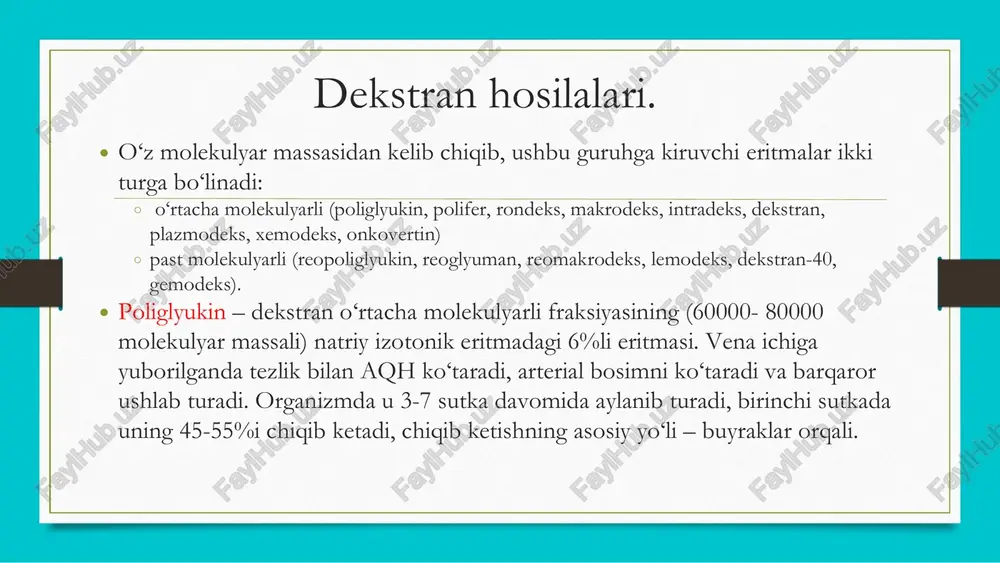 olitik fermentlar tomonidan parchalanishi mumkin. oksietilkraxmal asosida tayyorlangan eritmalar nojo‘ya asoratlarni keltirib chiqarmaydigan, yaxshi gemodinamik ta’sir kuchiga ega. zaharlardan tozalovchi eritmalar. zaharlardan tozalovchi sifatida ta’sir qiluvchi qon o‘rnini bosuvchilar organizmni zaharlovchi moddalardan o‘zaro bog‘lash, neytrallashtirish va chiqarib tashlash yo‘li bilan tozalaydi. ushbu dori vositalariga polivinilpirolidon (periston-n, neokompensan, plazmodan, kolidon) va past molekulyarli polidez spirtli eritmasi kabilarni kiritish mumkin. polidez – polivinil spirtning natriy xloridli izotonik eritmasidagi 3%li eritmasi. molekulyar massasi – 10000-20000 ga teng. buyraklar tomonidan 24 soat davomida to‘liq chiqarib tashlanadi. polidez asosan venaga tomchilab peritonit, ichak tutulishi, o‘tkir pankreatit, o‘tkir xoletsistit, o‘tkir yiringli infeksiyalar, kuyish kasalligi, jigar zararlanishi va boshqa shu kabi zaharlanish holatlarida quyiladi. kattalarga 200-500 ml., bolalarga esa og‘irligiga nisbatan 5-10 ml/kg hisobida belgilanadi. dori vositasi tez yuborilganda bemorda bosh aylanishi va ko‘ngil aynishi kuzatilishi mumkin. parenteral oziqlantirishga mo’ljallangan eritmalar uglevodlar: glyukozalar (5%,10%, 20% va 40%) eritmalari yog‘lar: organizmni o‘rnini to‘ldirib bo‘lmaydigan yog‘ kislotalari (linolen, linol, …