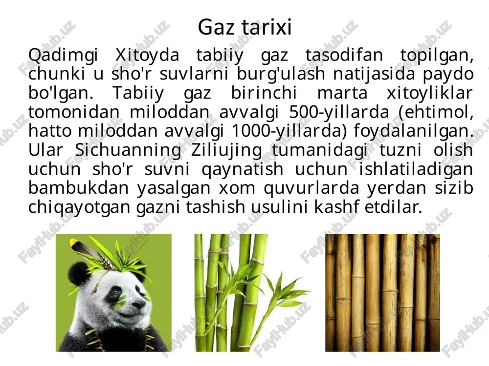 ultirilgan gaz suyultirilgan gaz - tabiiy gazni chuqur qayta ishlash natijasida asosiy tarkibiy qismi propan-butan aralashmasidan iborat boʻlgan mahsulot boʻlib hisoblanadi. suyultirilgan gaz aholining kommunal ehtiyojlariga va avtomobillarga yoqilgʻi sifatida ishlatiladi. uning oʻrtacha zichligi 0,525 g/sm3 ni tashkil qiladi. dst 20448-90 bo’yicha kommunal-maishiy ehtiyojlar uchun mo’ljallangan suyultirilgan uglevodorodli gaz standarti. gazdan polimer materiallar – polietilen va polivinilxloridlar (pvx) olish mumkin. propan va butandan degidrogenlash yo’li bilan to’yinmagan uglevodorodlar – propilen, butilen va butadienlar olish mumkin. suyultirilgan neft-gazlarining xossalari yo’ldosh gazlar odatda neft tarkibida erigan holda bo’lgan va uni qazib olishda ajralib chiqadigan yo’ldosh gazlar ham tabiiy gazlar jumlasiga kiradi. yo’ldosh gazlar tarkibida metan kamroq, lekin etan, propan, butan va yuqori uglevodorodlar miqdori ko’proq bo’ladi. metan metan (kon gazi, botqoq gazi), ch4 — rangsiz, hidsiz gaz. mr. 16,04. suvda kam eriydi, etanol, efir, uglerod (iv)-xlorid va uglevodorodlarda eriydi. metan — to'yingan uglevodorod qatorining dastlabki vakili bo'lib, boshqa alkanlar singari radikal oʻrin …