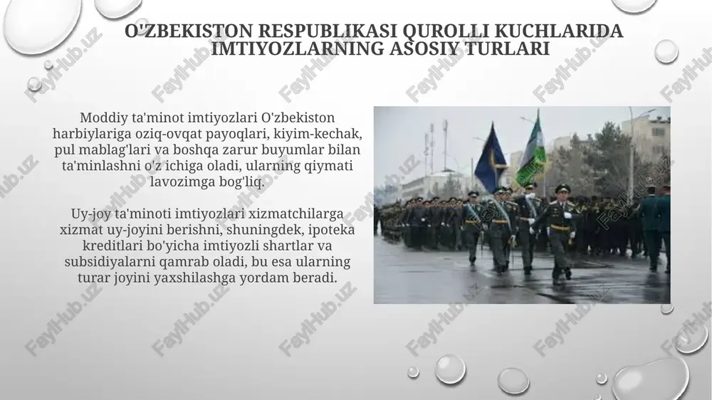 zmatchilarga yer solig'i va mol-mulk solig'i bo'yicha imtiyozlar beriladi, bu ularning moddiy yukini kamaytirishga yordam beradi va ijtimoiy himoyani kuchaytiradi. qonunchilikka muvofiq, harbiy xizmatchilarning daromad solig'i bo'yicha imtiyozlari mavjud bo'lib, bu ularning oylik maoshidan ushlab qolinadigan soliq miqdorini kamaytiradi. oila a'zolari uchun imtiyozlar harbiy xizmatchilarning oila a'zolari uchun 50 foizgacha chegirmalar bilan bolalar bog'chalari va maktabgacha ta'lim muassasalariga navbatsiz qabul qilish imtiyozi mavjud, bu oila yukini yengillashtiradi. o'zbekiston respublikasi qurolli kuchlari harbiy xizmatchilarining farzandlari oliy ta'lim muassasalariga kirishda qo'shimcha ball olish huquqiga ega bo'lishi mumkin, bu ta'lim olish imkoniyatlarini oshiradi. e'tiboringiz uchun rahmat image3.png image4.jpg image5.jpg image6.jpg image7.jpg image8.jpg image9.jpg image10.jpg image11.jpg image12.jpg image13.jpg image1.png