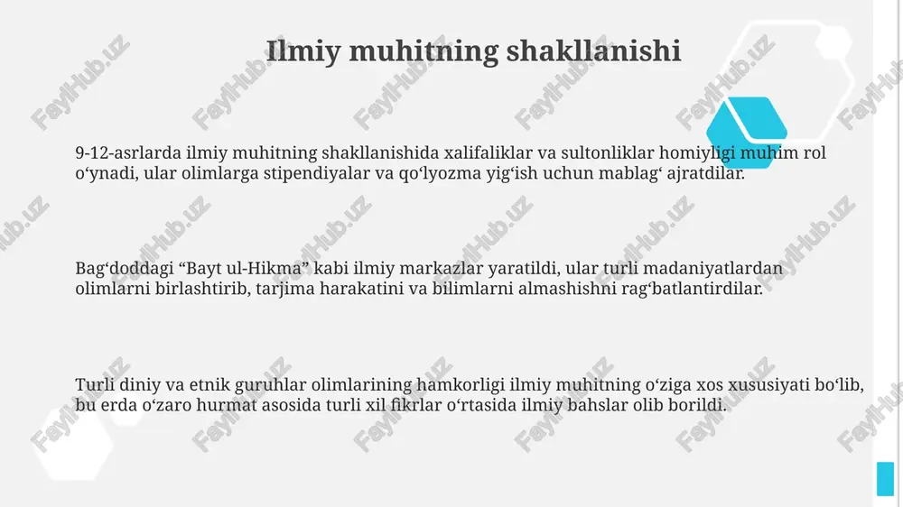 azariyasini qo'llab, metallarni sinflashda muhim rol o'ynadi. al-razi (865-925) o'zining «sir sirlari» asarida moddalarni o'simlik, hayvon va mineral deb tasnifladi. u kimyoviy asbob-uskunalarni batafsil tavsiflab, sulfat kislotani kashf etdi. sharq alkimyogarlari metallarni oddiyroq moddalarga aylantirishga harakat qildilar, bu esa «falsafa toshi» yaratish orqali amalga oshirilishi mumkin deb hisoblangan, bu bilan ular abadiylikka intilishgan. optika sohasidagi yutuqlar al-kindiyning optika sohasidagi ishlari, xususan, yorug‘lik nurlanishi va uning ta’siri haqidagi nazariyalari, o‘sha davrdagi optika tushunchalariga sezilarli hissa qo‘shdi. ibn al-haytham (alhazen) o‘zining "optika kitobi"da yorug‘likning to‘g‘ri chiziqli tarqalishini aniq tushuntirdi va ko‘zning ko‘rish jarayonini kamera obscura misolida izohladi. 9-12-asrlarda linzalar va ko‘zoynaklar ishlab chiqarish texnologiyasi sezilarli darajada rivojlandi, bu esa optik asboblarning sifatini yaxshiladi va ulardan foydalanish imkoniyatini kengaytirdi. falasafa va ilmiy tafakkur falsafa va ilmiy tafakkur ibn sinoning tabobat va falsafa bo‘yicha 450 dan ortiq asarlari bilan rivojlandi, bu esa aristotel ta’sirini tibbiy bilimlar bilan uyg‘unlashtirdi. al-farobiyning neo-platonizm va aristotel falsafasiga oid …
