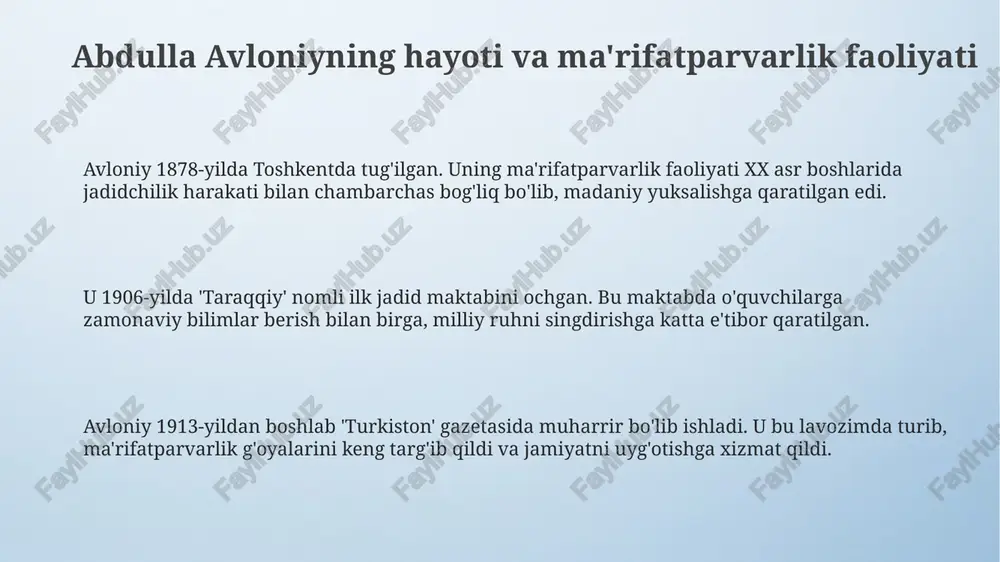 laridagi milliy o'zlikni anglashga oid qarashlari zamonaviy darsliklarda muhim manba sifatida o'rganiladi. uning pedagogik g'oyalari, xususan, bolalarni milliy ruhda tarbiyalash, bugungi kunda ham maktablarda "milliy tarbiya" konsepsiyasini shakllantirishda muhim ahamiyat kasb etadi. avloniyning ta'lim-tarbiya sohasidagi faoliyati uning shogirdlari, masalan, g'ulom zafariy kabi izdoshlari orqali davom etdi va o'zbekiston pedagogika fani rivojiga hissa qo'shdi. e'tiboringiz uchun rahmat image4.png image5.png image1.jpeg
