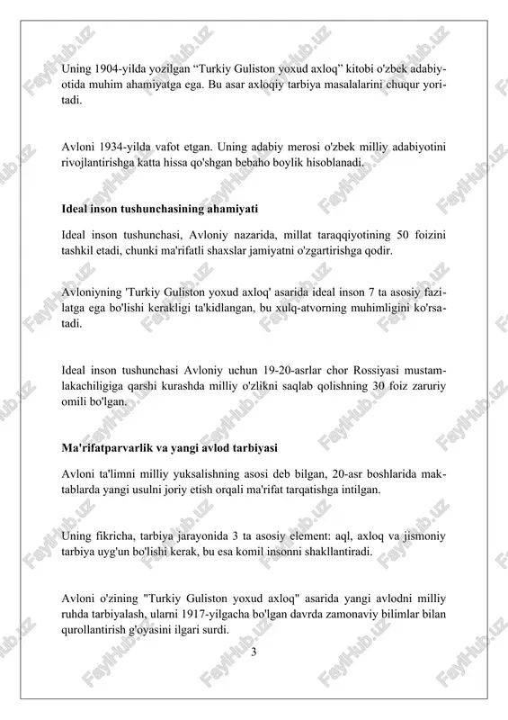 hga chaqirgan, buning ahamiyati katta. mehnatsevarlik va halollik mehnatsevarlik avloniy nazarida 12 hunarni egallash va doimo o'z ustida ishlash, 100 foiz halol bo'lish orqali jamiyatga foyda keltiruvchi shaxs bo'lishdir. avloni fikricha, halollik 5 vaqt namoz kabi muhim, mehnat esa 7 usta qo'lidan o'tgan mahsulot kabi qadrlidir, zero ular insonni komillikka yetaklaydi. uning ta'limotida mehnatsevarlik 9 aqlning biri bo'lib, halollik 4 axloqiy ustunning biri hisoblanadi; bu sifatlar insonni 360 daraja mukammallashtiradi. adolat va insonparvarlik adolat avloniyning ta'kidlashicha, jamiyatning asosi bo'lib, har bir insonning 100% huquqlari qonun bilan himoyalangan bo'lishi shart, aks holda taraqqiyot bo'lmaydi. insonparvarlik, avloniy fikricha, 90% mehr-shafqat, 5% kechirimlilik va 5% yordamdan iborat bo'lishi kerak, bu jamiyatda o'zaro hurmatni oshiradi. adolat va insonparvarlik o'zaro bog'liqdir; adolat insonparvarliksiz shafqatsiz bo'lishi mumkin, insonparvarlik esa adolatsiz 80% anarxiyaga olib kelishi mumkin. ma'naviy boylik va madaniy meros ma'naviy boylik, avloniy nazarida, 3 asosiy jihatga ega: poklik, halollik va insonparvarlik. bu xislatlar insonning ichki …