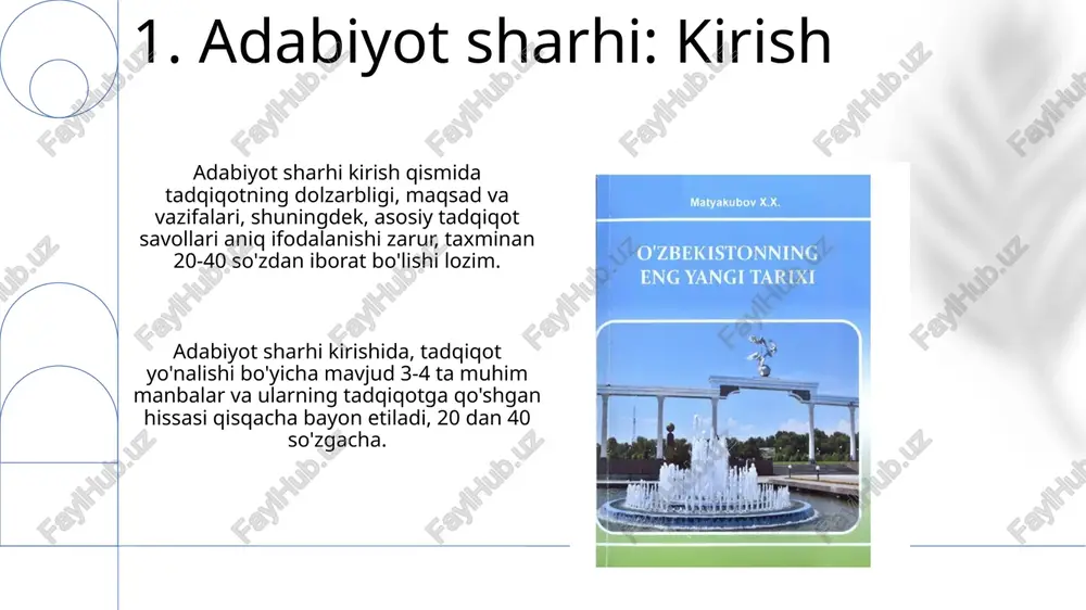 manbalar tahlil qilinadi, ularning argumentlari, metodologiyalari va xulosalari solishtiriladi, o'xshashliklar va farqlar aniqlanadi. 12.xulosalar va tavsiyalar xulosalar tadqiqot savollariga aniq javob berishi, topilgan asosiy natijalni taqdim etishi va ularning ahamiyatini 10 foiz ichida tushuntirishi kerak. tavsiyalar kelajakdagi tadqiqotlar uchun yo'nalishlar beradi, amaliyotga 2-3 ta o'zgartirish kiritishni taklif etadi va siyosatga ta'sirini baholaydi. e'tiboringiz uchun rahmat image1.png image2.jpg image3.jpg image4.jpg image5.jpg image6.jpg