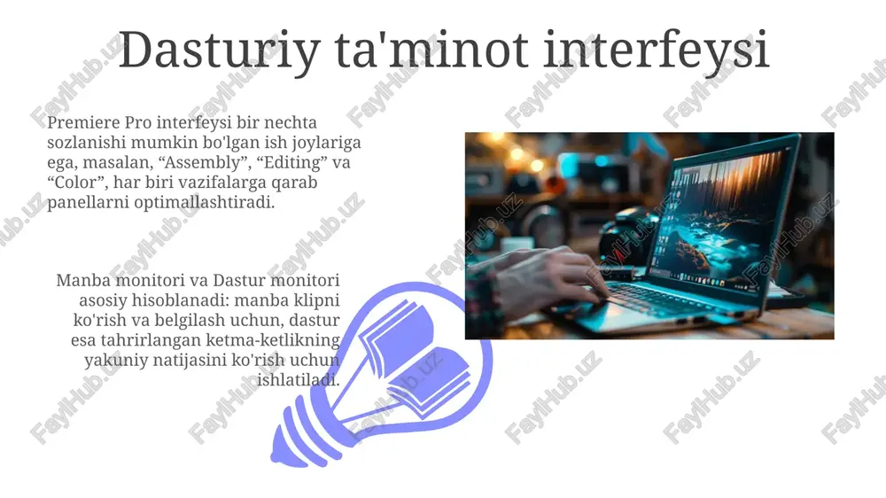 . ishlashni optimallashtirish proyekt sozlamalarida gpu tezlashtirishni yoqish orqali premiere pro-da ishlashni optimallashtiring, bu esa renderlash vaqtlarini 20-50 foizga kamaytiradi va real vaqtda ko'rib chiqishni ta'minlaydi. ish jarayonini optimallashtirish uchun proksi-fayllardan foydalaning. yuqori aniqlikdagi kadrlarni o'zgartirishda 1/2 yoki 1/4 pikselli formatlarda, bu esa tahrirlash paytida 30% gacha ishlashni yaxshilaydi. klaviatura yorliqlari va ish jarayoni premiere pro-da moslashtirilgan klaviatura yorliqlari ish jarayonini sezilarli darajada tezlashtiradi, masalan, 'ctrl+shift+q' ni tezkor eksport qilish uchun sozlash orqali, 30% vaqtni tejashingiz mumkin. ko'p ishlatiladigan funksiyalar uchun klaviatura yorliqlarini sozlash (masalan, 'ripple delete' uchun 'q' tugmasi) tahrirlash jarayonini soddalashtiradi va kuniga o'rtacha 15 daqiqa vaqtni tejaydi. kengaytmalar va plaginlar 01 02 premiere pro uchun ko'plab plaginlar mavjud, masalan, neat video shovqinni kamaytirish uchun va red giant complete suite 3d kompozitsiya va rang tuzatish kabi vazifalar uchun. sales 1st qtr 2nd qtr 100 0 sales 1st qtr 2nd qtr 100 0 muammolarni bartaraf etish agar premiere pro …