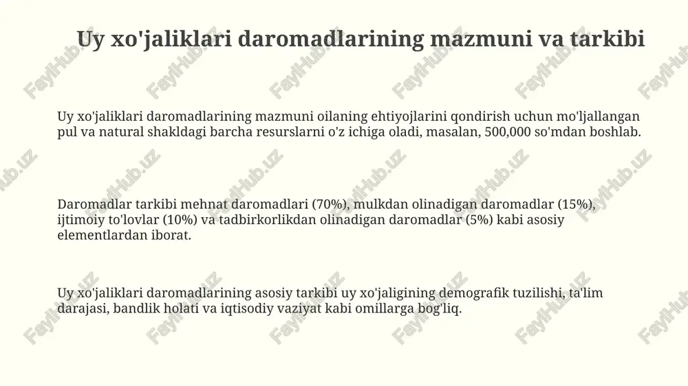 zlikni ifodalaydi. daromadlarni boshqarish uy xo'jaliklarining moliyaviy rejalashtirish, byudjetlashtirish va investitsiya qarorlarini o'z ichiga oladi, bu ularning 10-20 yillik uzoq muddatli moliyaviy maqsadlariga erishishda muhimdir. uy xo'jaliklari daromadlari statistikasi, o'rtacha daromad, median daromad va daromadning kvintillar bo'yicha taqsimlanishi kabi o'lchovlarni qo'llaydi, bu siyosatchilarga aholining 20 foiz daromadini tahlil qilishga yordam beradi. e'tiboringiz uchun rahmat