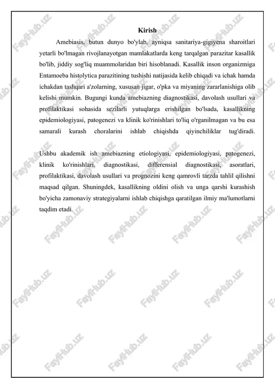 mentlari va sitolizinlar yordamida to'qimalarni yo'q qila boshlaydi. bu jarayon yara hosil bo'lishiga, qon ketishiga va ichak teshilishiga olib kelishi mumkin. ba'zi hollarda, trofozoitlar qon oqimiga kirib, jigar, o'pka va miya kabi a'zolarga yetib boradi va u yerda absesslarga sabab bo'ladi. immunitet tizimining javobi ham patogenezda muhim rol o'ynaydi. t limfotsitlar va antitelalar amebaga qarshi himoyani ta'minlaydi. amebiazning klinik ko'rinishlari kasallikning og'irligiga va lokalizatsiyasiga bog'liq. asimptomatik tashuvchanlik keng tarqalgan. simptomatik infektsiyalar odatda ichak amebiazi sifatida namoyon bo'ladi, bunda qorin og'rig'i, diareya (ba'zan qon va shilimshiq bilan), isitma va umumiy holsizlik kuzatiladi. jigar amebiazi o'ng qovurg'a ostida og'riq, isitma, gepatomegaliya (jigar kattalashishi) va sariqlik bilan xarakterlanadi. o'pka amebiazi yo'tal, ko'krak og'rig'i va nafas qisilishi bilan namoyon bo'lishi mumkin. juda kam hollarda miya amebiazi rivojlanishi mumkin, bunda bosh og'rig'i, nevrologik buzilishlar va koma kuzatiladi. kasallikning og'ir shakllari o'limga olib kelishi mumkin, ayniqsa davolash kechiktirilganda. etiologiya, epidemiologiya, patogenez va klinik ko'rinishlar laboratoriya diagnostikasining …