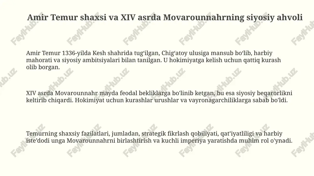 erosi uning “temur tuzuklari” orqali huquqiy asoslarni yaratish, adolatli boshqaruv tamoyillarini joriy etish va kuchli markazlashgan davlat qurishga asoslangan edi. temuriylar davlatining inqirozi xv asrning oxirida markaziy hokimiyatning zaiflashuvi, ichki nizolar, taxt uchun kurashlar va shayboniylar hujumi natijasida yuz berdi. temuriylar renessansi davrida ilm-fan, madaniyat va san'at rivojlandi, samarqand esa sharqning eng yirik madaniy markazlaridan biriga aylandi, bu meros bugungi kunda ham ahamiyatli. e'tiboringiz uchun rahmat