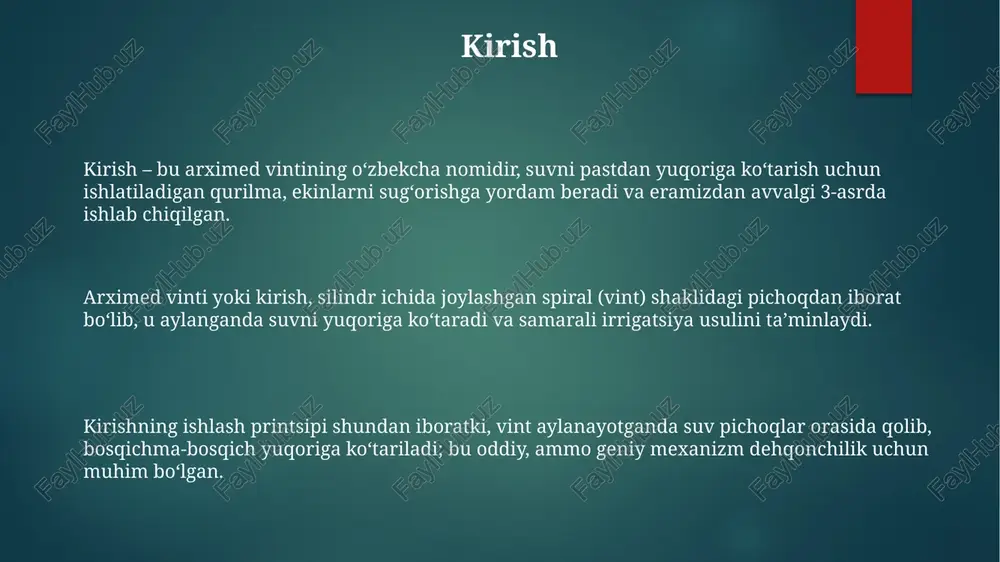 damida doiraning yuzini to'g'ri chiziqli shaklga aylantirish mumkin bo'lgan. merosi va ta'siri arximedning murakkab mashinalari, masalan, arximed vinti, suvni ko'tarish uchun ishlatilgan va qishloq xo'jaligi va irrigatsiya texnologiyalarini rivojlantirishga katta hissa qo'shgan. uning ixtirolari amaliy ahamiyatga ega edi. arximedning qonunlari suyuqliklar va gazlarning muvozanatini tushuntirishga yordam berdi, bu esa kemasozlik va gidrostatika sohalariga sezilarli ta'sir ko'rsatdi. uning kashfiyotlari hozir ham qo'llaniladi. arximedning matematik metodlari, xususan cheksiz kichik miqdorlar bilan ishlash usullari, integral hisoblashning rivojlanishiga asos soldi. uning ishlari kelajak avlod olimlari uchun muhim namuna bo'ldi. e'tiboringiz uchun rahmat image6.png image1.png image2.png image3.png image4.png image5.png