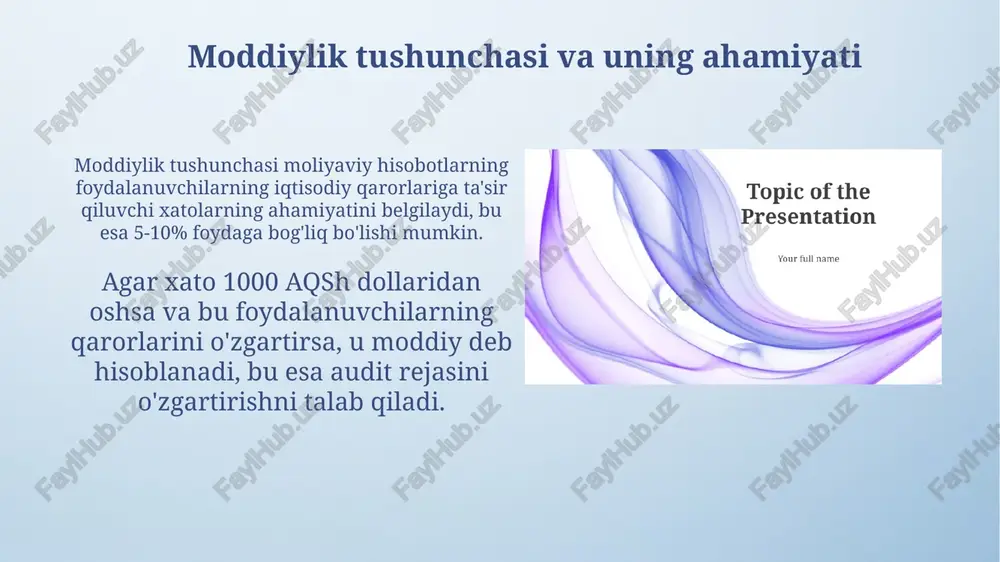 qiladi. materiallikning har bir bosqichi, masalan, umumiy materiallik, bajaruvchi materiallik va o'ziga xos materiallik, miqdoriy va sifat ko'rsatkichlari bilan birga audit ish qog'ozlarida aniq ko'rsatilishi kerak. amaliy misollar va holatlar tahlili kichik biznes auditida 5% foyda mezonidan foydalanish moddiylik chegarasini aniqlashda qo'llanilishi mumkin, ammo xatolar 10 000 000 so'mdan oshsa, ularga alohida e'tibor qaratiladi. mavjud aktivlarning noto'g'ri baholanishi 15% dan oshsa yoki umumiy daromadning 2% dan ortiq bo'lsa, audit xavfi sezilarli darajada oshadi va qo'shimcha audit protseduralarini talab qiladi. sifat nazorati va moddiylikning ahamiyati sifat nazorati moddiylikni baholash jarayonining mustahkamligi va izchilligini ta'minlaydi, 100% aniqlik kafolatlanmasa ham, asosli xulosalarga erishish uchun muhimdir. sifat nazorati siyosatlari moddiylik bo'yicha qarorlar hujjatlashtirilishini ta'minlaydi, bu esa 5 yilgacha bo'lgan davr uchun xatolarni aniqlash va tushuntirish imkonini beradi. e'tiboringiz uchun rahmat image4.png image5.jpg image6.jpg image7.jpg image8.jpg image9.jpg image10.jpg image11.jpg image12.jpg image13.jpg image14.jpg image15.jpg image1.jpeg