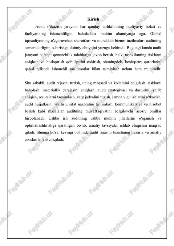 ichlarda qilinadigan asosiy ishlarni taqqoslaydi. bosqich nomi maqsadi asosiy vazifalar dastlabki baholash auditning qamrovini va tavakkalchilik darajasini aniqlash auditorlik kompaniyasini tanlash, audit shartnomasini tuzish, korxona faoliyati bilan tanishish. audit strategiyasini ishlab chiqish auditning umumiy yo'nalishini va ko'lamini belgilash auditorlik bahosini belgilash, materiallik darajasini aniqlash, audit dasturini ishlab chiqish. audit dasturini tuzish audit protseduralarini batafsil rejalashtirish testlarni o'tkazish tartibini aniqlash, namunalar hajmini belgilash, ishchi hujjatlarni tayyorlash. audit o'tkazish rejalashtirilgan audit protseduralarini amalga oshirish ma'lumotlarni to'plash va tahlil qilish, dalillarni yig'ish, ichki nazorat tizimini baholash. hisobot berish audit natijalari bo'yicha xulosalarni shakllantirish va taqdim etish audit hisobotini tuzish, boshqaruv bilan muloqot qilish, tavsiyalarni ishlab chiqish. materiallik darajasini aniqlash materiallik darajasi – moliyaviy hisobotlardagi xato yoki nosozliklar, agar ular yakka tartibda yoki yig'indida, moliyaviy hisobot foydalanuvchilarining qarorlariga ta'sir o'tkazishi mumkin bo'lsa, material hisoblanadi. materiallik darajasini aniqlash audit rejasining muhim qismidir, chunki u audit dalillarini to'plash va baholashda qo'llaniladigan mezonni belgilaydi. materiallik darajasi korxonaning …