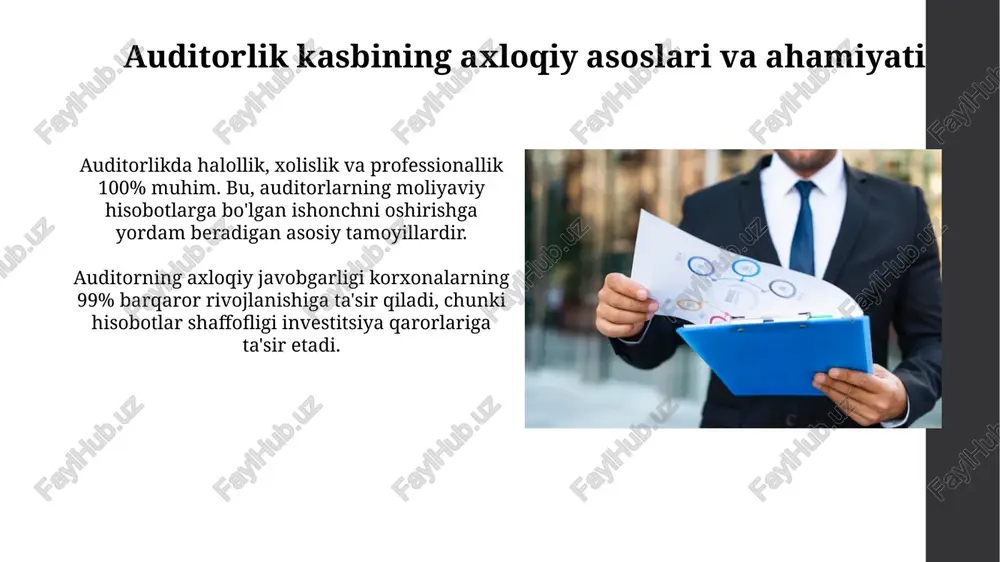 hi mumkin. korporativ boshqaruvda axloqning o'rni va ahamiyati korporativ boshqaruvda axloqiy me'yorlar 75% hollarda manfaatdor tomonlarning ishonchini oshiradi, kompaniyaning uzoq muddatli barqarorligini ta'minlashga xizmat qiladi. axloqiy boshqaruv korporativ madaniyatni shakllantirib, 60% samaradorlikni oshiradi, risklarni kamaytiradi va investorlar uchun jozibadorlikni 45% ko'taradi. nazorat va sanksiyalar: axloqiy qoidalarga rioya qilishni ta'minlash nazorat mexanizmlari audit firmalarida ichki nazorat tizimlarini, 3-bosqich tekshiruvlarini va axloq qoidalariga rioya qilishni ta'minlash uchun ishchi guruhlarni o'z ichiga oladi. sanksiyalar axloq qoidalarini buzganlik uchun ogohlantirishlardan tortib litsenziyani bekor qilishgacha bo'lgan jarimalarni o'z ichiga oladi, bu esa professional obro'ga jiddiy ta'sir qiladi. davlat auditining axloqiy jihatlari davlat auditida axloqiy jihatlar davlat mablag‘laridan foydalanish samaradorligini ta’minlash uchun 100% xolislik va shaffoflikni talab qiladi, bu esa korrupsiyani kamaytirishga yordam beradi. davlat auditorlari professional skeptisizmni saqlashlari, ya'ni 400 dan ortiq qonunbuzarlik ehtimolini doimiy ravishda baholashlari va dalillarni sinchkovlik bilan tekshirishlari shart. e'tiboringiz uchun rahmat image1.jpg image2.jpg image3.jpg image4.jpg image5.jpg image6.jpg image7.jpg image8.jpg image9.jpg …