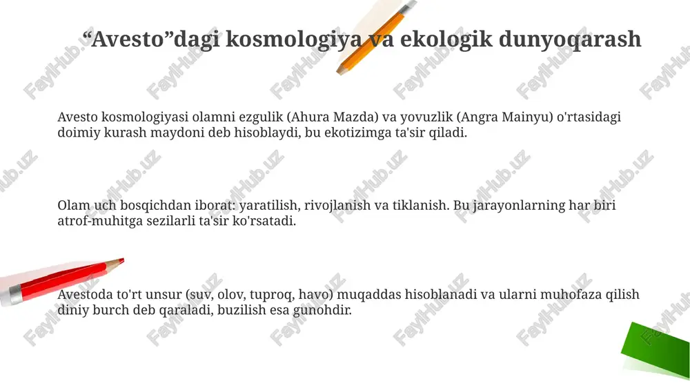 im. "avesto"da suv (ab), olov (atar), tuproq (zam) kabi 3 elementlarni ifloslantirganlarga qattiq jazolar belgilangani, atrof-muhitni muhofaza qilishda qat'iylik kerakligini ko'rsatadi. e'tiboringiz uchun rahmat image5.png image2.png image1.png