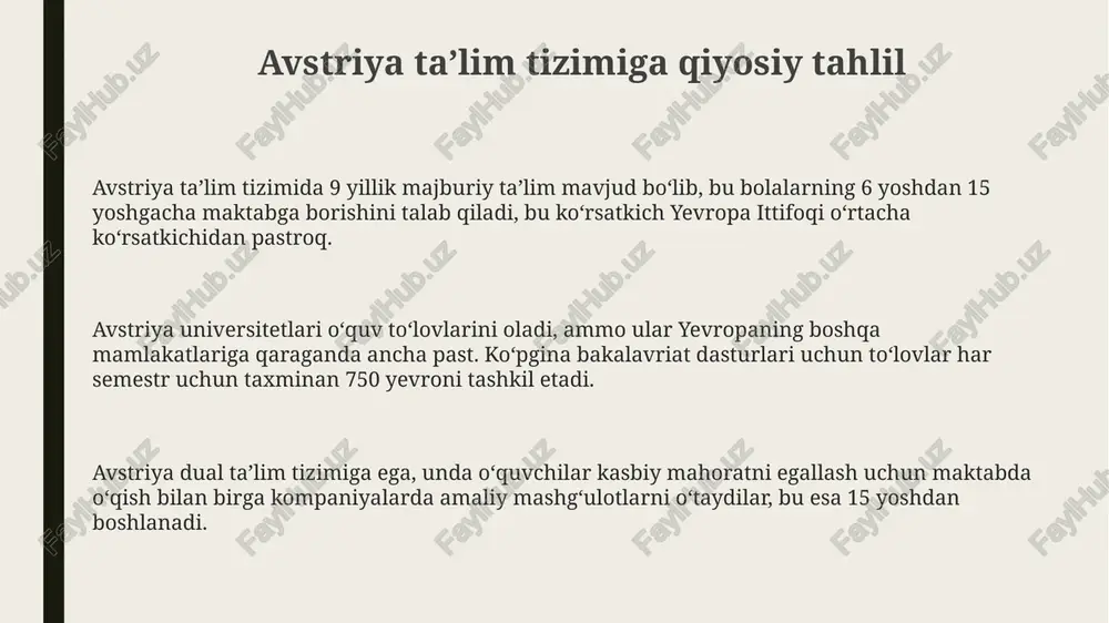adi oʻquvchilarni universitetga tayyorlash yoki kasbiy taʼlim olishga yoʻnaltirishdir. oʻquv dasturi nazariy bilimlar va amaliy koʻnikmalarni uygʻunlashtirishga qaratilgan. oʻrta maktabni tamomlagandan soʻng, oʻquvchilar “matura” imtihonini topshiradilar, bu imtihon ularga universitetga kirish yoki kasbiy taʼlimni davom ettirish huquqini beradi va uning ahamiyati katta. oliy taʼlim avstriyada bakalavr darajasi odatda 3 yil (180 ects kredit), magistr darajasi esa 2 yil (120 ects kredit) davom etadi, doktorlik dasturlari esa 3-4 yilga mo'ljallangan. avstriya oliy taʼlim tizimi davlat universitetlari, xususiy universitetlar va amaliy fanlar universitetlari kabi 22 ta davlat universitetini o'z ichiga oladi. oliy taʼlim muassasalari toʻlovlari har bir semestr uchun taxminan 726.72 evroni tashkil etadi, yevropa ittifoqiga aʼzo boʻlmagan davlatlar talabalari uchun bu miqdor sezilarli darajada yuqori boʻlishi mumkin. oʻqituvchilar tayyorlash avstriyada o'qituvchilar tayyorlash ikki bosqichli bo'lib, bakalavriatda pedagogika asoslari o'rgatiladi, so'ngra magistraturada maxsus fanlar bo'yicha chuqur bilim beriladi. o'qituvchilar malakasini oshirish davlat tomonidan qo'llab-quvvatlanadi, doimiy ravishda kurslar va seminarlar tashkil etiladi, bunda …
