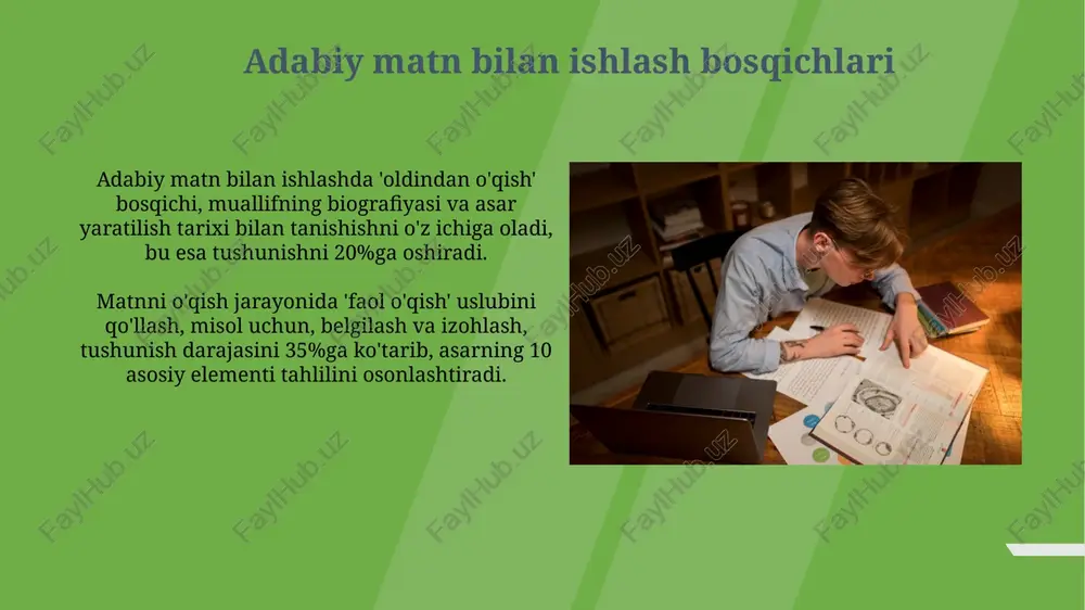 sh orqali talabalar asarning asosiy g'oyalarini vizualizatsiya qilishlari mumkin. xulosa xulosa, o'qishdan keyingi bosqichda, matnning 100% tushunilishini tasdiqlaydi va o'quvchining 95% asosiy g'oyalarni anglashini ko'rsatadi. xulosa matnning mazmunini 70% qisqartirib, asosiy fikrlarni aniqlaydi va ularni 3-4 ta asosiy jumla bilan ifodalaydi. savol-javob “savol-javob” metodi matnni tushunishni chuqurlashtirish uchun savollar berish va ularga javob berish orqali aktiv ishtirokni ta'minlaydi, bu esa 2-darajali tafsilotlarni ochib beradi. savol-javob bosqichida 3 xil turdagi savollar (aniq, inferensial va baholash) qo'llaniladi, bu o'quvchilarning 4 ta asosiy kognitiv ko'nikmalarini rivojlantirishga yordam beradi. e'tiboringiz uchun rahmat image1.jpg image2.jpg image3.jpg image4.jpg image5.jpg image6.jpg image7.jpg image8.jpg image9.jpg image10.jpg image11.jpg image12.jpg image13.jpg