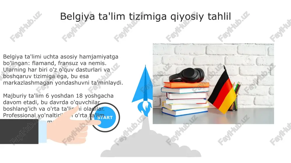 da uchta alohida jamiyat tomonidan boshqariladi, lekin umumiy kompetensiyaga asoslangan yondashuv 8-12 yoshdagilarni qamrab oladi. baholash usullari orasida davlat imtihonlari, maktab imtihonlari va o'qituvchilarning kuzatuvlari mavjud bo'lib, bu 6-sinf o'quvchilarini yo'naltirish uchun muhim ahamiyatga ega. 06 05 04 inklusiv ta'lim: maxsus ehtiyojli bolalar 01 02 belgiyada inkluziv ta'lim, 'type' tizimi orqali tashkil etilgan bo'lib, bu yerda 1 dan 8 gacha bo'lgan turlar bolaning maxsus ehtiyojini qondirish uchun mo'ljallangan. maxsus ehtiyojli bolalarga mo'ljallangan ta'lim resurslari 'integratsiya o'qituvchilari' va qo'shimcha yordamchi xodimlarni o'z ichiga oladi, bu esa umumiy maktablarda qo'shimcha ko'mak beradi. chet el ta'lim tizimlari bilan qiyos belgiya ta'lim tizimi uchta asosiy jamiyatga bo'lingan: flamand, fransuz va nemis, ularning har biri o'z siyosati va o'quv dasturiga ega. oecdning pisa tadqiqotlari shuni ko'rsatadiki, belgiya o'quvchilarining natijalari matematikada o'rtacha ko'rsatkichdan yuqori, lekin o'qish va fanda sezilarli farqlar mavjud. afzalliklari: belgiyaning ta'limdagi kuchli tomonlari belgiya taʼlim tizimi uchta asosiy jamiyat tomonidan boshqariladi, bu esa …