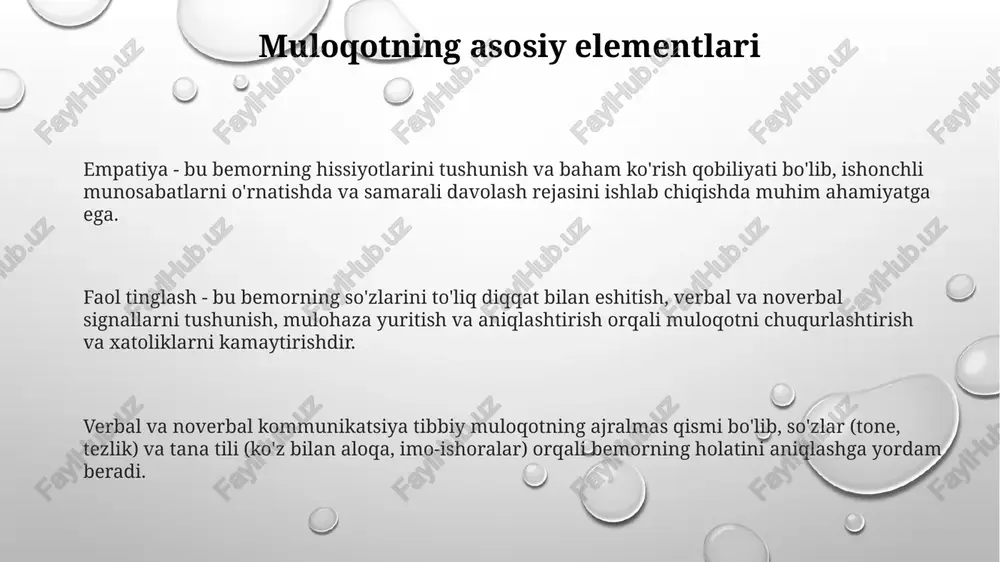 bab bo'lishi mumkin, shuning uchun javob berish muddatlari va boshqaruv protokollari bo'yicha aniq siyosat o'rnatish kerak. o'z-o'zini tahlil qilish va takomillashtirish o'z-o'zini tahlil qilish, 360 gradusli fikr-mulohazalarni o'z ichiga olishi mumkin, bu esa 12 oylik davrda takomillashtirish uchun xatti-harakatlarning 5 asosiy yo'nalishini aniqlashga yordam beradi. muntazam ravishda kommunikatsiya ko'nikmalarini baholash uchun standartlashtirilgan so'rovnomalardan foydalanish, natijalarni tahlil qilib, 3 dan 4 tagacha bo'lgan zaif tomonlarni aniqlash va ularni takomillashtirish. video yozuvlarni tahlil qilish orqali 7 noverbal ko'rsatkichni baholash (ko'z bilan aloqa, imo-ishoralar) va har birini 1 dan 5 gacha bo'lgan shkala bo'yicha baholab, o'z-o'zini takomillashtirish strategiyasini yaratish. e'tiboringiz uchun rahmat image3.png image1.png image2.png