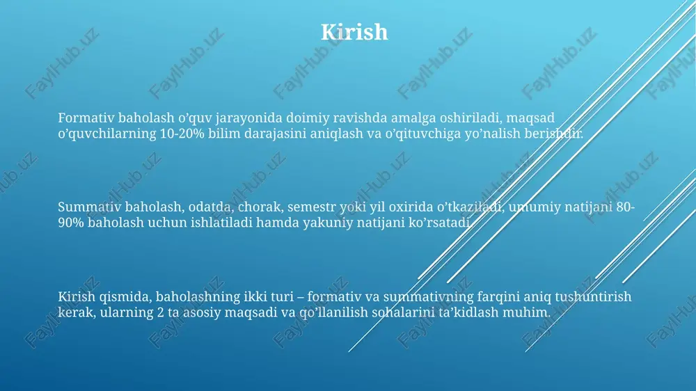 mativ baholash usuli sifatida ishlatilishi mumkin, bunda talabalar bir necha hafta davomida 20-30 betlik maqola yozishadi, bu ularning bilimlarini amaliyotda qo'llash qobiliyatini baholaydi. formativ baholashning afzalliklari va kamchiliklari kamchiligi shundaki, formativ baholashni o'tkazish 4-5 barobar ko'p vaqt talab etadi va agar o'qituvchida 100 dan ortiq o'quvchi bo'lsa, bu juda qiyin vazifa bo'lishi mumkin. formativ baholash o'quvchilarga doimiy ravishda 10-20 daqiqa ichida aniq va konstruktiv fikr-mulohazalar berish orqali, ularning o'quv jarayonini 360 gradusga yaxshilashga yordam beradi. afzalligi, o'quvchilar 85-90% holatlarda o'zlarining bilim darajalarini yaxshiroq tushunadilar va o'rganish jarayonida 70-75% ko'proq ishtirok etadilar. summativ baholashning afzalliklari va kamchiliklari summativ baholash natijalari o'quv dasturining 100% qamrab olinganligini ko'rsatadi, bu orqali o'qituvchi keyingi bosqichga o'tish yoki o'tmaslik haqida qaror qabul qiladi. summativ baholashning kamchiligi, odatda, o'quvchi o'z xatolarini tuzatish uchun 0 imkoniyatga ega, yakuniy natija 1 marta o'lchanadi va qayta ko'rib chiqilmaydi. summativ baholashning afzalligi shundaki, u talabalarning bilim darajasini 90% aniqlikda baholaydi, bu …