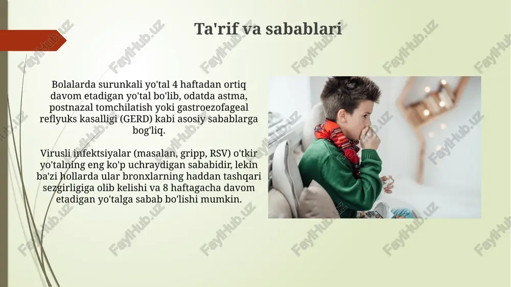 , ammo jiddiy holatlar, shuning uchun diqqatli baholash zarur. uchrash tezligi bolalarda surunkali yo'tal uchrash tezligi taxminan 5-10% ni tashkil etadi, ayniqsa maktab yoshidagi bolalar va o'smirlar orasida keng tarqalganligi kuzatiladi. surunkali yo'talning uchrash tezligi mavsumiy o'zgarishlarga bog'liq bo'lishi mumkin; masalan, sovuq oylarda yuqori nafas yo'llari kasalliklari tufayli ko'payishi mumkin. differensial diagnostika bronxial astmani differentsiatsiya qilishda nafas qisilishi, xirillash, ekzema kabi alomatlarga e'tibor berish lozim. spirometriya tekshiruvi fev1 ko'rsatkichining 12% dan ortiq o'zgarishini aniqlashi mumkin. ko'kyo'talda xarakterli xurujli yo'tal, inspirator hushtak va yuqori limfotsitoz kuzatiladi, ammo pcr test orqali bordetella pertussis dnksi aniqlanishi differentsial diagnostika uchun muhim. laboratoriya tekshiruvlari laboratoriya tekshiruvlari orasida nafas yo'llaridan virusli antijenlarni aniqlash uchun tezkor testlar muhim. masalan, gripp a va b viruslari uchun testlar 24-48 soat ichida natija beradi. bakterial infektsiyani istisno qilish uchun qonning umumiy tahlili o'tkaziladi, leykotsitlar soni 15,000/mm3 dan yuqori bo'lsa, bakterial infektsiya ehtimoli borligini ko'rsatadi. instrumental tekshiruvlar ko'krak qafasining rentgenogrammasi pnevmoniya, …