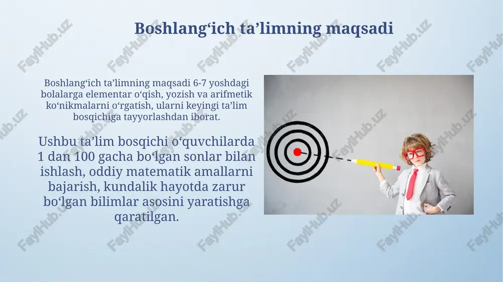 aratishga intiladi. boshlangʻich taʼlimdagi muammolar boshlangʻich taʼlimda oʻqituvchilarning malaka darajasi pastligi, ayniqsa qishloq joylarda, bolalarning bilim olish sifatiga salbiy taʼsir koʻrsatadi, bu esa 20% gacha oʻzlashtirish pasayishiga olib kelishi mumkin. boshlangʻich sinflarda darsliklar va oʻquv materiallarining yetishmasligi, xususan, 3-sinf oʻquvchilarining 15% i uchun toʻliq taʼminlanmaganligi, oʻquv jarayonini qiyinlashtiradi. boshlangʻich taʼlimni takomillashtirish yoʻllari o'quv dasturlarini takomillashtirish: 2024-yilda steam fanlariga e'tiborni kuchaytirish, amaliy ko'nikmalarni oshirish uchun 30% ko'proq vaqt ajratish muhim. pedagoglarning malakasini oshirish: har yili 5000 nafar boshlang'ich sinf o'qituvchisi uchun yangi metodikalar bo'yicha intensiv treninglar tashkil etish zarur. boshlangʻich taʼlimning kelajagi 2030-yilgacha boshlang'ich ta'limda raqamli texnologiyalar, masalan, ar va vr, o'quvchilarni interaktiv o'rganishga jalb qilib, bilim olish samaradorligini oshiradi. kelajakda boshlang'ich ta'lim 4k o'quv dasturlarini joriy etadi, bunda har bir bolaning o'ziga xos qobiliyatini rivojlantirishga qaratilgan individual yondashuv qo'llaniladi. boshlangʻich ta'lim standartlari boshlang'ich ta'lim standartlari o'quvchilarning 1-4 sinflarda o'zlashtirishi lozim bo'lgan bilim, ko'nikma va malakalarni belgilaydi, ularning rivojlanish darajasini ta'minlaydi. …