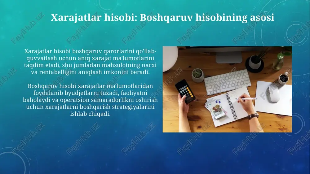 fer narx siyosati soliq organlari tomonidan tekshirilishi mumkin, bu esa 482-sonli aqsh qonuni kabi qoidalarga rioya qilishni va 'qo'l uzunligi' narx tamoyilini qo'llashni talab qiladi. samaradorlik ko'rsatkichlari (kpi) va ichki hisobot kpi'lar, masalan, mehnat unumdorligi, 10% ga o'sishi kutilganidek, ichki hisobotlarda muntazam ravishda kuzatiladi va tahlil qilinadi, maqsadli ko'rsatkichlarga erishilganligini aniqlash uchun. ichki hisobotlar, moliyaviy hisobotlardan tashqari, kpi'larning, jumladan, mijozlar qoniqish ko'rsatkichlarining 4.5 balldan yuqori ekanligini ko'rsatadi, operatsion samaradorlikni oshirish uchun ishlatiladi. xarajatlarni boshqarish strategiyalari xarajatlarni boshqarishda 80/20 qoidasidan foydalanish katta xarajat elementlarini aniqlab, ularga e'tiborni qaratadi, bu esa umumiy xarajatlarni kamaytirishga yordam beradi. lean ishlab chiqarish tamoyillarini qo'llash ortiqcha resurslarni yo'q qiladi va qiymat yaratmaydigan 7 xil chiqindini kamaytiradi, xarajat samaradorligini oshiradi. misol tadqiqotlar: amaliyotda xarajatlar hisobi masalan, avtomobilsozlik kompaniyasida buyurtma bo'yicha xarajatlar hisobi qo'llanilib, har bir avtomobilga ketgan 12 turdagi materiallar va 8 soatlik ish kuchi aniqlanadi. foyda tahlili chakana savdoda katta rol o'ynaydi, mahsulotni sotish narxini 15% …