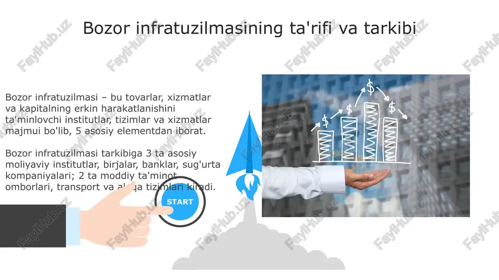 tlarini ochib beradi. bozor infratuzilmasining biznesga ta'siri bozor infratuzilmasining yaxshi holati biznes xarajatlarini 10-15% ga kamaytiradi, logistika samaradorligini oshirib, mahsulotning bozorga tezroq yetib borishini ta'minlaydi. sifatli bozor infratuzilmasi, jumladan, huquqiy infratuzilma, xavfsizlikni kafolatlab, investitsiya hajmini 20% ga oshiradi va biznesni rivojlantirishga turtki beradi. 06 05 04 bozor infratuzilmasini takomillashtirish yo'llari 01 02 moliyaviy infratuzilmani takomillashtirish uchun elektron to'lov tizimlarini, masalan, uzcard va humo'ni integratsiyalash, 50% gacha xarajatlarni kamaytirish va tezkor tranzaksiyalarni ta'minlash lozim. transport infratuzilmasini rivojlantirish uchun 1000 km yangi yo'llarni qurish, logistika markazlarini modernizatsiya qilish va xalqaro transport koridorlarini kengaytirish zarur. xorijiy tajriba germaniyadagi "mittelstand" modeli kichik va o'rta biznesni qo'llab-quvvatlashga qaratilgan bo'lib, infratuzilmani yaxshilash orqali ularning raqobatbardoshligini oshiradi. singapur porti logistika va transport infratuzilmasini rivojlantirishda yetakchi hisoblanadi. uning samarali tizimi biznes uchun tranzaksiya xarajatlarini kamaytiradi. o'zbekistonda bozor infratuzilmasining holati o'zbekistonda so'nggi yillarda kichik biznesni qo'llab-quvvatlash uchun 30 dan ortiq yangi biznes inkubatorlari va texnoparklar tashkil etildi, bu esa …