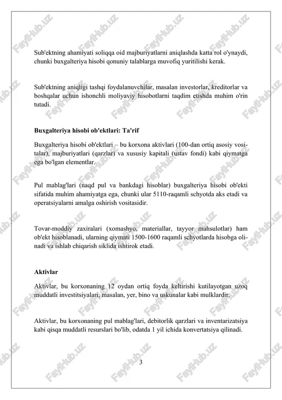 so'm, va nooperatsion daromadlar, dividendlar yoki foizlar shaklida 10 million so'm. o'zbekiston respublikasi soliq kodeksining 128-moddasiga ko'ra, daromadlar soliqqa tortiladigan baza hisoblanadi, undan 12% foyda solig'i to'lanadi. xarajatlar xarajatlar bu aktivlarning kamayishi yoki majburiyatlarning oshishi natijasida yuzaga keladigan, 1000 so'mdan yuqori bo'lgan, hisobot davridagi iqtisodiy foydaning kamayishidir. xarajatlar bevosita mahsulot tannarxiga kiritilishi mumkin, bu ishlab chiqarish xarajatlari (masalan, materiallar, ish haqi) bo'lib, 75% dan ortig'ini tashkil qilishi mumkin. xarajatlar operatsion (sotish, boshqaruv) va moliyaviy (foiz to'lovlari) xarajatlarga bo'linadi, ularning har biri korxonaning 30% va 20% xarajatlariga ta'sir qilishi mumkin. buxgalteriya hisobi sub'ektining turlari yuridik shaxslar, mustaqil mulkiy javobgarlikka ega boʻlib, oʻz nomidan shartnomalar tuzadi va moliyaviy hisobotlarni taqdim etadi. ularga mchj, aj va davlat unitar korxonalari kiradi. jismoniy shaxslar, tadbirkorlik faoliyatini yuridik shaxs boʻlmasdan amalga oshiradi, shaxsiy mulki bilan javobgar boʻladi va soliq organlariga deklaratsiya topshiradi. nodavlat notijorat tashkilotlari, foyda olishni maqsad qilmaydi, balki ijtimoiy, xayriya, madaniy yoki ta'limiy maqsadlarda …