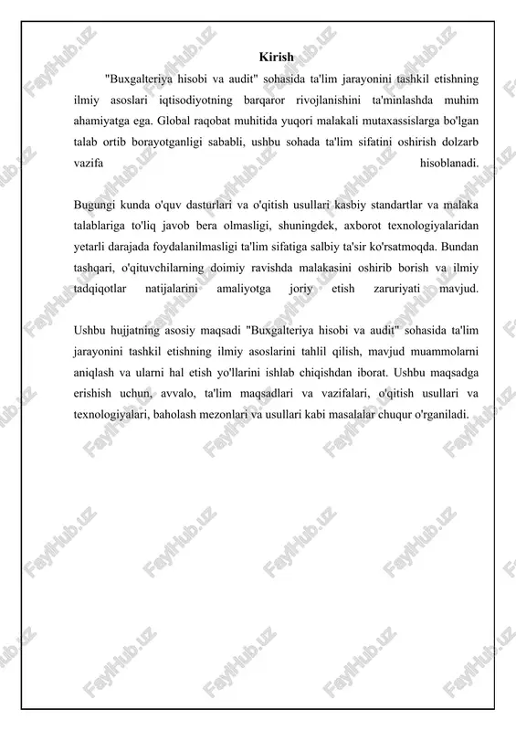 tirish darajasini o'rtacha 15-20% ga oshiradi. o'qitishda texnologiyalardan foydalanish ham muhim ahamiyatga ega. onlayn kurslar, virtual laboratoriyalar, video darsliklar va boshqa elektron resurslar talabalarga mustaqil o'rganish va bilimlarini mustahkamlash imkoniyatini yaratadi. masalan, buxgalteriya hisobi dasturlarini simulyatsiya qiluvchi virtual laboratoriyalar talabalarga real moliyaviy operatsiyalarni bajarmasdan turib, dasturlarni amalda qo'llash tajribasini beradi. shuningdek, talabalar faoliyatini baholashda turli xil metodlardan foydalanish lozim: testlar, nazorat ishlari, taqdimotlar va amaliy topshiriqlar. baholash natijalari o'quv jarayonini takomillashtirish uchun ishlatilishi kerak. ta'lim maqsadlari, vazifalari va o'qitish usullari baholash mezonlari va uslublarini ishlab chiqishning ilmiy asoslari “buxgalteriya hisobi va audit” yo‘nalishi bo‘yicha baholash mezonlari va uslublarini ishlab chiqishning ilmiy asoslari talabalarning kasbiy kompetentligini ob'ektiv va ishonchli baholashni ta'minlashga qaratilgan. bu, avvalo, o‘quv dasturi natijalari (learning outcomes) bilan baholash vositalari o‘rtasida aniq moslikni o‘rnatishni talab qiladi. har bir baholash turi (test, nazorat ishi, keys-stadilar, loyihalar himoyasi va h.k.) muayyan o‘quv natijalarini o‘lchashi kerak. masalan, buxgalteriya hisobi bo‘yicha test savollari, …