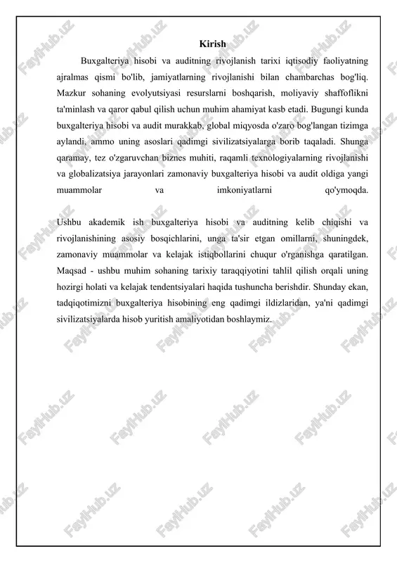 soblar va yozuvlar haqida traktat” nomli kitobi nashr etilishi buxgalteriya hisobi tarixida burilish nuqtasi bo'ldi. ushbu kitobda ikki tomonlama yozuv usulining asosiy tamoyillari batafsil bayon etilgan bo'lib, u buxgalteriya hisobini ilmiy asosga qo'yishga yordam berdi. pachiolining asari yevropa bo'ylab tez tarqaldi va buxgalteriya hisobining professional sohaga aylanishiga turtki berdi. kitobda inventarizatsiya, balans tuzish va foydani hisoblash kabi muhim masalalar yoritilgan. pachiolini ko'pincha “buxgalteriya hisobining otasi” deb atashadi, chunki uning ishi buxgalteriya hisobining rivojlanishiga katta hissa qo'shgan. buxgalteriya hisobi va auditning kelib chiqishi va rivojlanish bosqichlari iqtisodiy rivojlanish va savdo-sotiqning ta'siri buxgalteriya hisobi va auditning rivojlanishiga eng katta ta'sir ko'rsatgan omillardan biri iqtisodiy rivojlanish va savdo-sotiqning o'sishidir. qadimgi davrlarda, xususan, mesopotamiya, misr va yunonistonda savdo-sotiqning rivojlanishi mol-mulkni hisobga olish, soliq yig'ish va xarajatlarni nazorat qilish zaruratini keltirib chiqardi. miloddan avvalgi iv ming yillikda sumerda loy taxtachalarga yozilgan hisob ma'lumotlari arxeologik qazishmalar natijasida topilgan. o'sha davrlarda buxgalteriya hisobi asosan inventarizatsiya va oddiy …