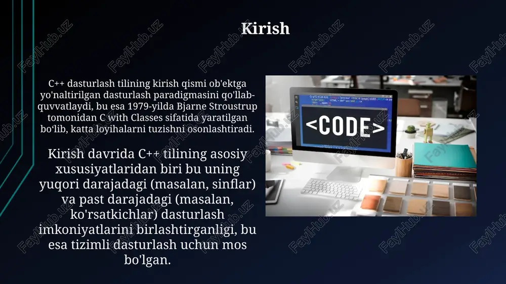 va cout standart oqimlari orqali foydalanuvchi bilan ma'lumot almashish imkoniyatini beradi. oqimlar formatlangan kirish/chiqarishni qo'llab-quvvatlaydi; iomanip kutubxonasi setw(int), setprecision(int) kabi funksiyalarni o'z ichiga olib, ma'lumotni to'g'ri formatlashga yordam beradi. fayllar bilan ishlash c++ fayllar bilan ishlash uchun fstream kutubxonasini taqdim etadi, u ofstream (yozish), ifstream (o'qish) va fstream (ikkalasi) kabi 3 ta asosiy sinflarni o'z ichiga oladi. fayl ob'ektini yaratishda, masalan, ofstream myfile("example.txt");, siz faylni ochish rejimini belgilashingiz mumkin: ios::app (qo'shish), ios::trunc (o'chirish) va ios::binary (ikkilik). ko'p oqimli dasturlash ko'p oqimli dasturlash bir nechta vazifalarni bir vaqtning o'zida bajarish imkonini beradi, bu esa dastur unumdorligini 2x dan 4x gacha oshirishi mumkin. mutex'lar va semaforlar kabi sinxronlashtirish mexanizmlari ma'lumotlar poygasi kabi muammolarning oldini olish uchun 100% zarurdir. aks holda dastur barqarorligi yo'qoladi. tarmoq dasturlash tarmoq dasturlash c++ tilida soketlardan foydalanish orqali amalga oshiriladi, bu esa tcp va udp protokollari orqali 127.0.0.1 kabi ip manzillar va 8080 portlar orqali aloqani o'rnatish imkonini …