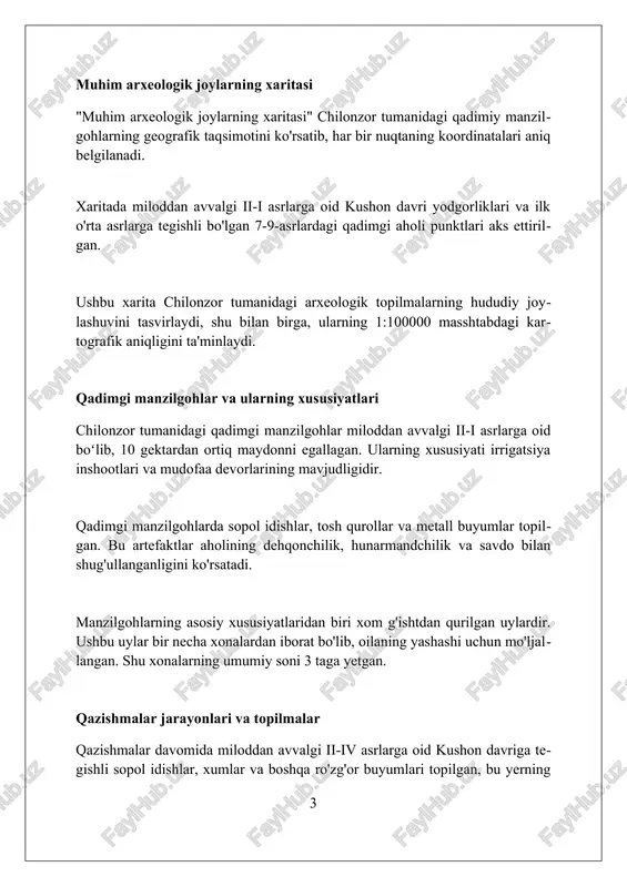 urollar, asosan, paleolit davriga tegishli bo'lib, ular oddiy chaqmoqtosh texnologiyasi asosida yasalgan, yirik kesuvchi va qirg'ich asboblarni o'z ichiga oladi. mehnat qurollari texnologiyasi davr o'tishi bilan takomillashgan, mezolit davrida esa mikrolitlar, ya'ni kichik o'lchamli, o'tkir qirrali tosh parchalari keng qo'llanilgan. bronza davrida chilonzor hududida metallurgiya rivojlanishi bilan mis va bronzadan yasalgan o'roqlar, pichoqlar paydo bo'lgan, bu esa dehqonchilikda unumdorlikni oshirgan. zargarlik buyumlari va bezaklar zargarlik buyumlari ko'pincha marjon, sirg'a va bilaguzuklar ko'rinishida topilgan. ularning tarkibida 50-70% oltin bo'lgan. ular nafis dizayni va yuqori badiiy qiymati bilan ajralib turadi. chilonzor hududidagi arxeologik qazishmalarda topilgan bezaklar orasida hayvon shaklidagi tumorlar mavjud. ular 10-12 sm uzunlikda bo'lib, bronza va kumushdan yasalgan. zargarlikda ishlatilgan texnikalar orasida zarhal berish, emal va filigran mavjud. misollar miloddan avvalgi iv-ii asrlarga oid bo'lib, mahalliy hunarmandchilikning rivojlanganligini ko'rsatadi. dafn marosimlari va e'tiqodlar chilonzor hududidagi dafn marosimlarida miloddan avvalgi i ming yillikka oid sopol idishlar, qurol-yarog'lar va zeb-ziynatlar qo'yilgan. bu …