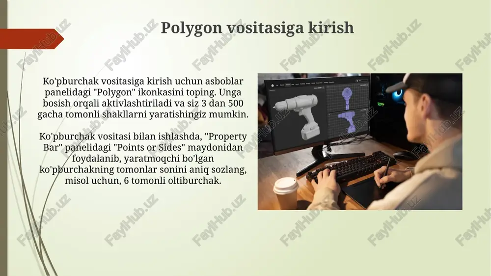 aniq belgilash imkonini beradi. ranglarni qo'llashda, cmyk va rgb rang modellari o'rtasida tanlov mavjud; cmyk bosma nashrlar uchun, rgb esa 16,7 milliongacha rangni taqdim etuvchi ekranlar uchun idealdir. polygonlarga effektlar qo'shish ko'pburchaklarga soya effektini qo'shish orqali 3d ko'rinish hosil qilsa bo'ladi, bunda xususiyatlar panelida soya qalinligi va yo'nalishini 5-10 gradus oralig'ida sozlash muhim. ko'pburchaklarga 2 yoki undan ortiq kontur effekti qo'shish mumkin, bunda kontur qalinligi 1 dan 3 mm gacha bo'lishi, ranglari esa bir-biridan farq qilishi vizual qiziqish uyg'otadi. polygonlardan naqshlar yaratish ko'pburchaklarni qatlamlash, ularni aylantirish va o'lchamlarini o'zgartirish 3 ta qadam orqali murakkab naqshlar yaratishga imkon beradi. turli ranglarni qo'shib, qiziqarli vizual effektlar hosil qiling. spiral naqshlarni yaratish uchun ko'pburchaklarni markazdan tashqariga joylashtiring, har bir ko'pburchakning o'lchamini 5-10% ga oshiring va 360 gradus atrofida aylantiring. matnni polygon ichiga joylashtirish matnni poligon ichiga joylashtirish corel drawda "fit text to path" funksiyasi orqali amalga oshiriladi, bu esa matnni shakl konturi bo'ylab …