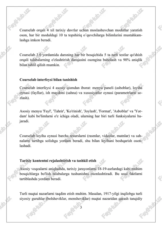 ta darsdan keyin, o'quvchilarning 75% o'quv maqsadlariga erishganligini aniqlash uchun natijalarni umumlashtiradi. testlarni loyihalashtirishda bloom taksonomiyasi darajalariga (xotira, tushunish, qo'llash, tahlil, sintez, baholash) muvofiq 3 xil qiyinlikdagi savollarni kiritish muhimdir. filtrlash va tarmoqlanishni qo'llash filtrlash shartlarni belgilash orqali 1-darsdan 5-darsgacha bo'lgan materiallarni qamrab oladi, bu esa o'quvchining bilimi asosida moslashtirilgan yo'nalishlarni ta'minlaydi. tarmoqlanish o'quvchining 70% to'g'ri javob berishiga qarab, 2 xil vaziyatni yaratadi: agar to'g'ri bo'lsa 8-darsga o'tadi, aks holda 3-darsni qayta ko'rib chiqadi. courselabda filtrlash va tarmoqlanish murakkab test savollarini qo'shish orqali amalga oshiriladi, bu esa o'quvchining 100% o'zlashtirishi uchun moslashtirilgan ta'lim tajribasini ta'minlaydi. maxsus shablonlar yaratish maxsus shablonlar yaratishda tarixiy voqealarni 19-asr uslubida taqdim etish uchun, eski xaritalar va qoʻlyozma shriftlaridan foydalanish mumkin, bu vizual boylikni oshiradi. courselabda shaxsiy shablonlar yaratish orqali, 1789-yildagi fransiya inqilobi kabi mavzularni interaktiv xronologik jadval shaklida namoyish etish, tushunishni osonlashtiradi. o'ziga xos shablonlarda, 20-asrdagi urushlar haqidagi ma'lumotlarni, infografika va 3d modellar bilan birlashtirib, …