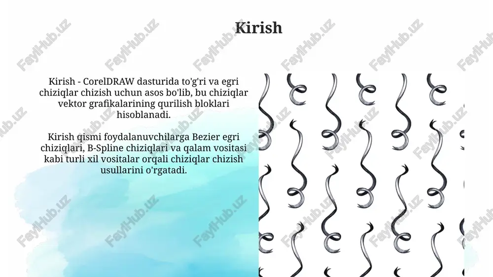 uchun tutqichlarni ishlatadi. egri chiziqning shaklini aniqlashda tutqichlar muhim rol o'ynaydi; tutqichlarning uzunligi va yo'nalishi egri chiziqning qanchalik egilganligini va qaysi tomonga yo'nalganligini belgilaydi. pen vositasi bilan egri chiziqlar pen vositasi bilan egri chiziqlar yaratishda, tugun nuqtalarini joylashtirish muhim. har bir tugun keyingi segmentning shaklini aniqlaydi, masalan, 3-4 tugun s-simon shaklni hosil qilishi mumkin. egri chiziqlarni pen vositasi bilan chizishda 'bezier egri chiziqlari' tushunchasidan foydalaniladi. ular har bir segmentning shaklini boshqarish uchun 1 yoki 2 tutqichga ega bo'lishi mumkin. b-spline vositasi b-spline vositasi 3-darajali egri chiziqlarni yaratadi, bu esa 4 ta nazorat nuqtasi bilan aniqlanadi, bu nuqtalar egri chiziq shaklini boshqaradi lekin har doim ham tegib o'tmaydi. b-spline egri chiziqlari global o'zgartirishga ko'proq sezgir. agar 1 ta nazorat nuqtasi o'zgartirilsa, butun egri chiziqning shakli o'zgaradi, bu esa 2-darajali egri chiziqlaridan farq qiladi. egri chiziqlarni shakllantirish egri chiziqlarni shakllantirish uchun coreldraw-da bezier asbobidan foydalaniladi, u nuqtalarni bir-biriga bog'laydi. har bir nuqta …
