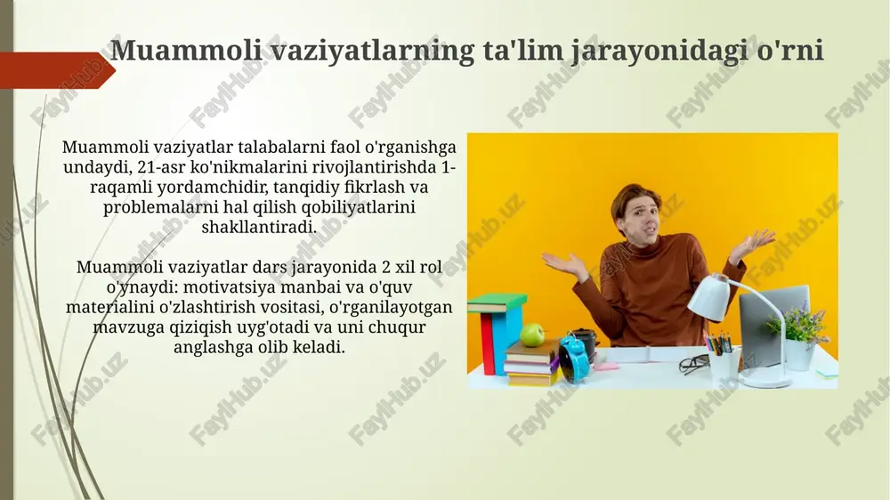 arini himoya qilishga undaydi, 65% hollarda tanqidiy fikrlash ko'nikmalarini rivojlantiradi va motivatsiyani oshiradi. individual yondashuvni ta'minlashda muammoli vaziyatlar muammoli vaziyatlar o'quvchilarning individual ehtiyojlarini aniqlashda yordam beradi, masalan, 75% o'quvchiga qo'shimcha tushuntirish zarurligi aniqlansa, shaxsiy yondashuv qo'llaniladi. individual yondashuvni ta'minlashda muammoli vaziyatlardan foydalanish o'qituvchiga har bir o'quvchining 6 xil o'rganish uslubiga moslashtirilgan alohida vazifalar berish imkonini yaratadi. guruhlarda ishlashni tashkil etishda muammoli vaziyatlar ba'zi guruh a'zolarining befarqligi, 20% qatnashmasligi, umumiy vazifani bajarish sifatiga salbiy ta'sir ko'rsatadi, motivatsiyani pasaytiradi va adolatsizlik hissini keltirib chiqaradi. muammoning kelib chiqish sababi: guruh a'zolari o'rtasida rollarning aniq taqsimlanmaganligi, har bir ishtirokchining 30% dan ortig'i o'z vazifalarini bilmasligi. baholash mezonlari va usullari baholash mezonlari o'quv maqsadlariga mos kelishi kerak, 70% aniqlik darajasi bilan. misol uchun, topshiriqning 3 ta asosiy elementini to'g'ri bajarish talab etiladi. baholash usullari formativ va summativ bo'lishi mumkin, 4 turdagi: kuzatuv, test, loyiha va portfel. har bir usulning vazni 25% dan oshmasligi lozim. muammoli …